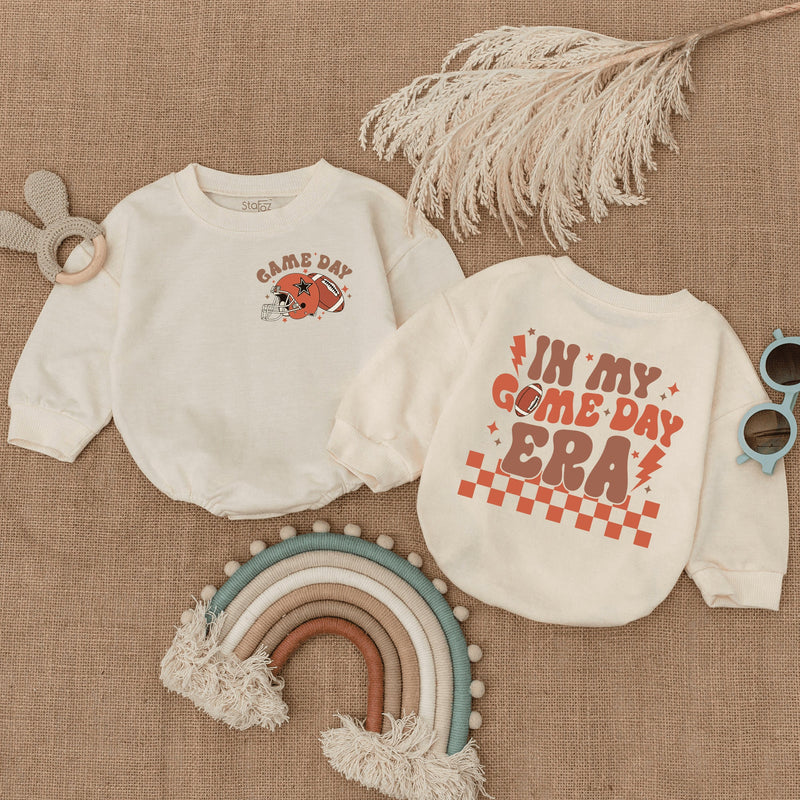 In My Game Day Era Baby Romper Football Helmet Stars Retro Design Soft Cotton Comfortable Infant Bodysuit Football Season Outfit