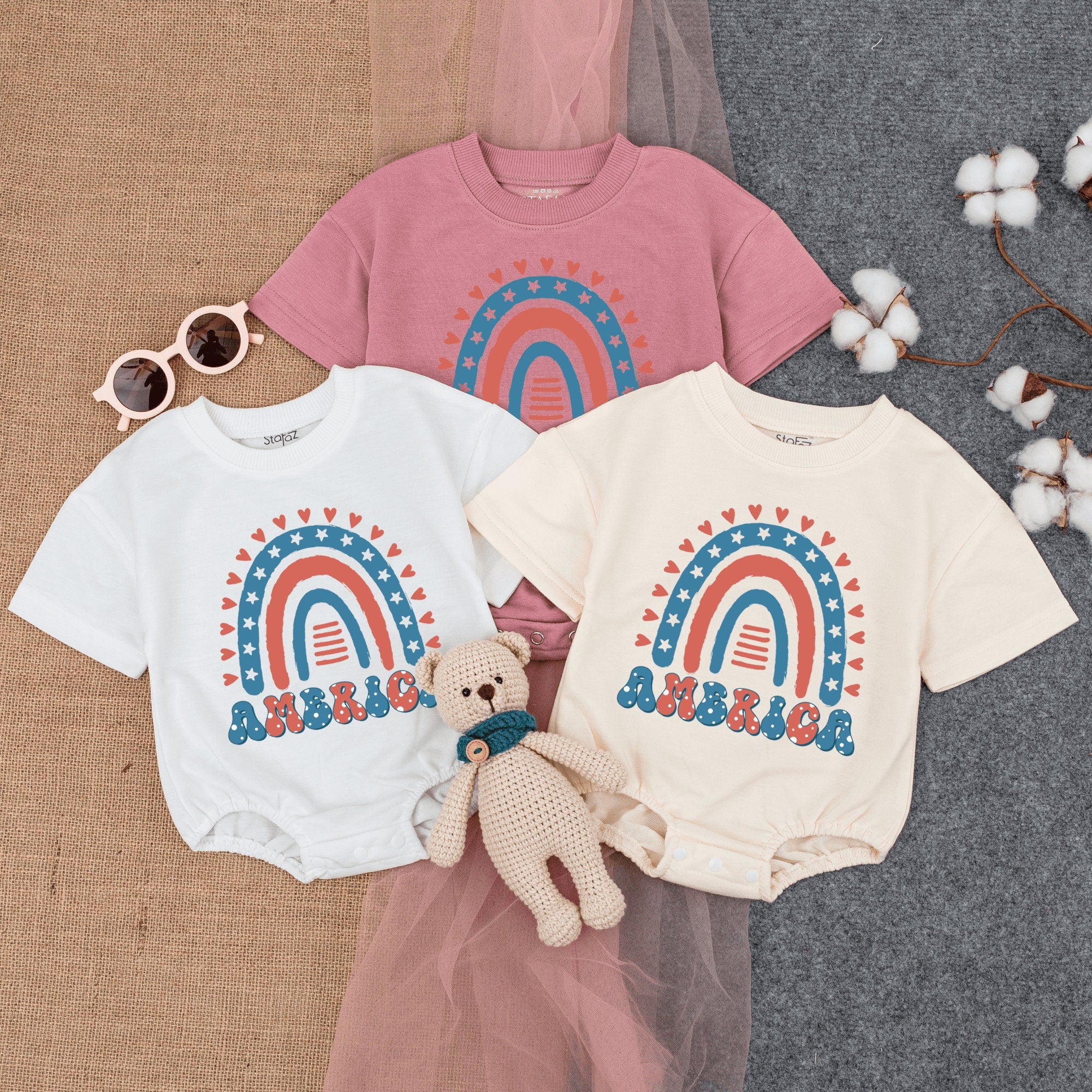 Rainbow America Baby Romper Retro Patriotic Bodysuit with Stars 4th of July Infant Outfit Soft Cotton Memorial Day Vintage Style