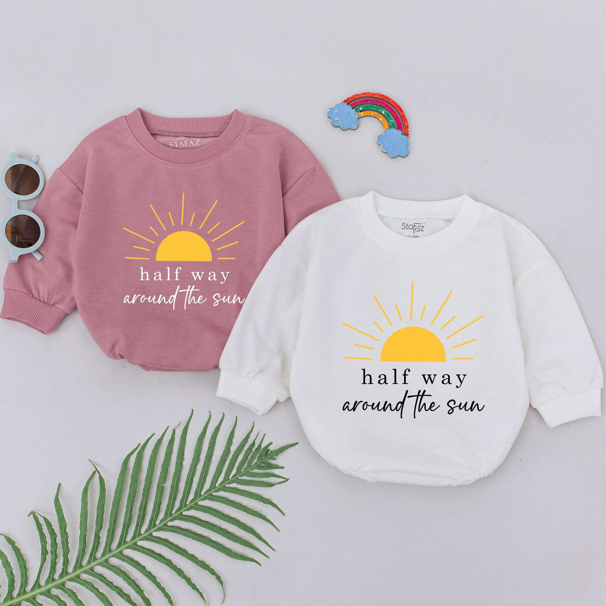 Half Way Around the Sun Baby Romper Cheerful Sun Design 6 Months Half Birthday Outfit Soft Cotton Newborn Infant Gift Boy Girl Yellow