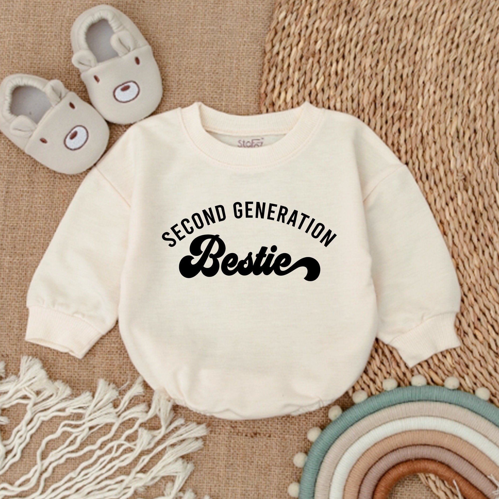 Second Generation Bestie Baby Romper Gift Matching Outfit Soft Cotton Infant Toddler Birthday Shower Announcement Stylish Script Design