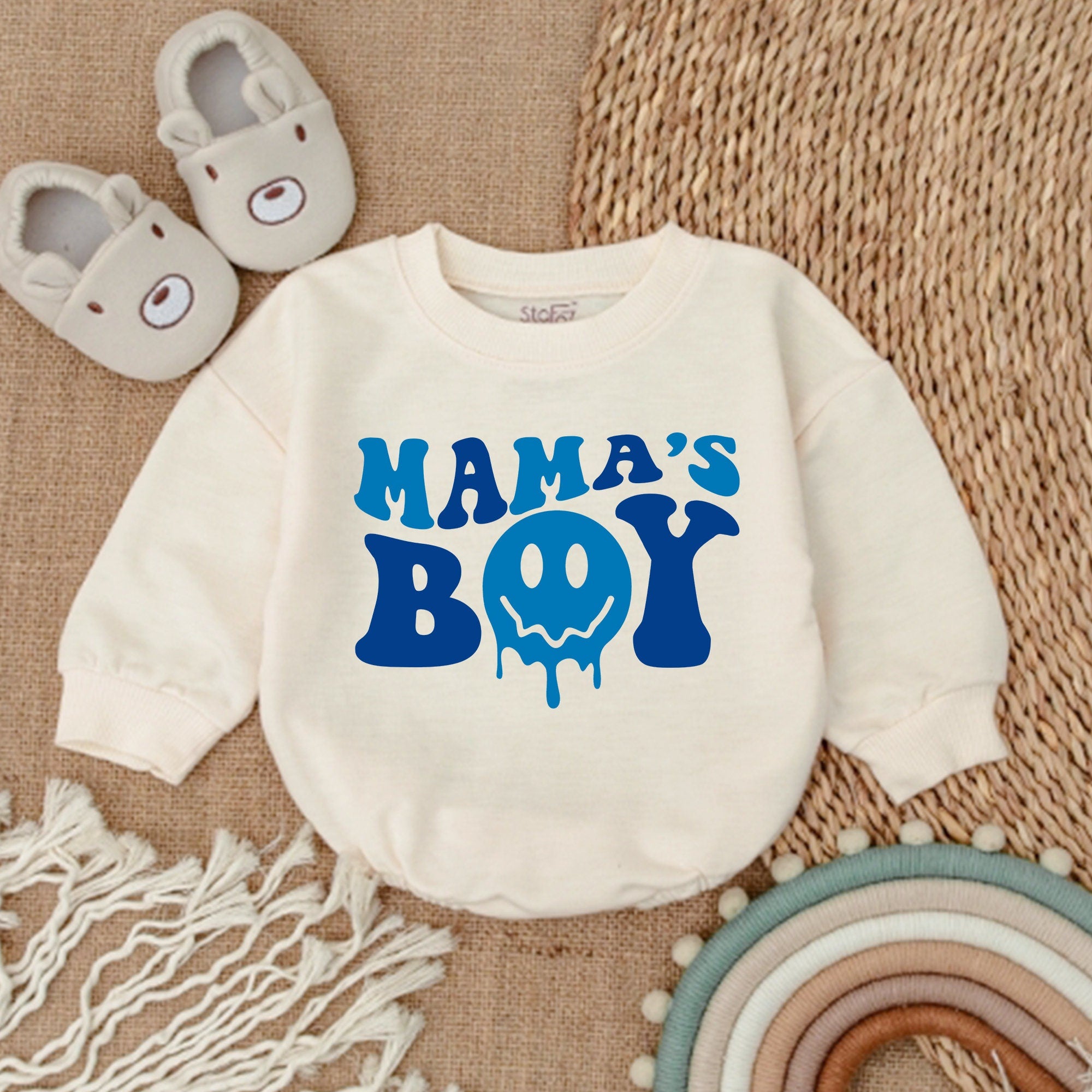Mama's Boy Romper with Smiling Face Fun Retro Blue Outfit Baby Gift Soft Cotton Playful Infant Bodysuit Birthday Party Clothes