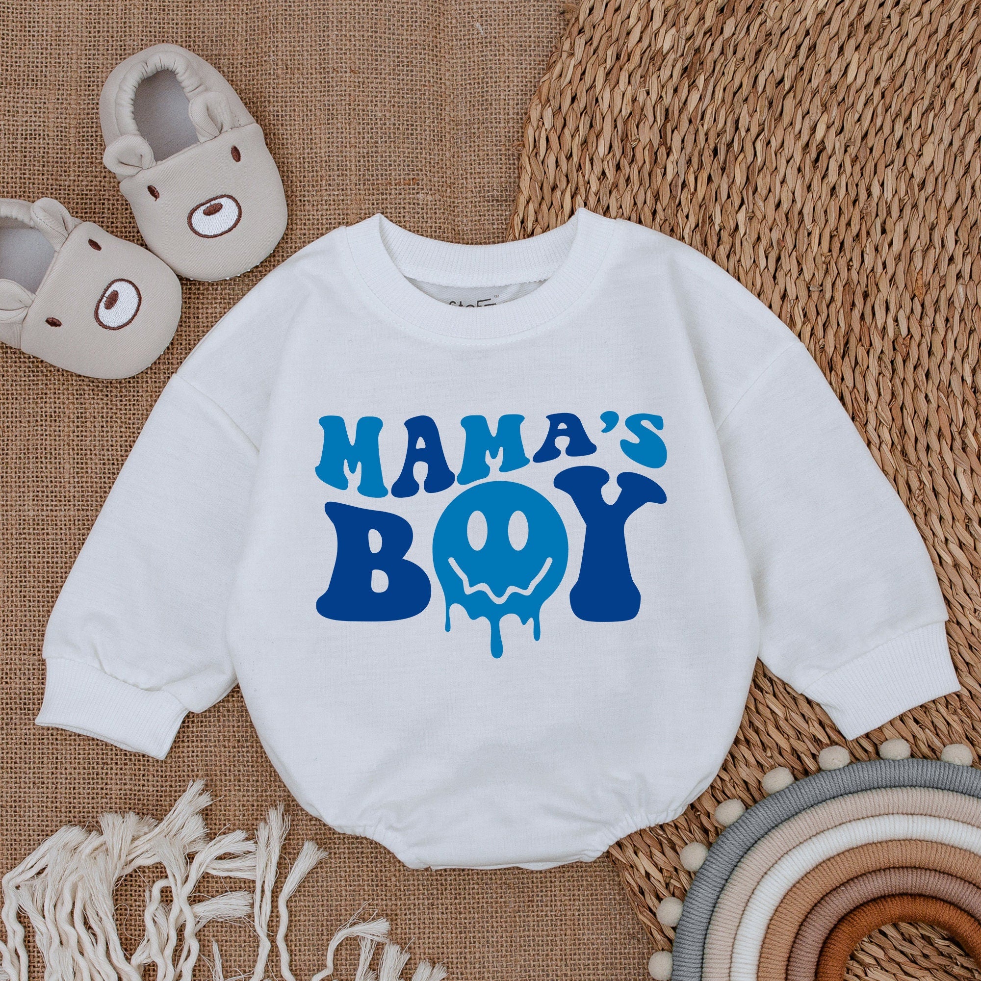 Mama's Boy Romper with Smiling Face Fun Retro Blue Outfit Baby Gift Soft Cotton Playful Infant Bodysuit Birthday Party Clothes