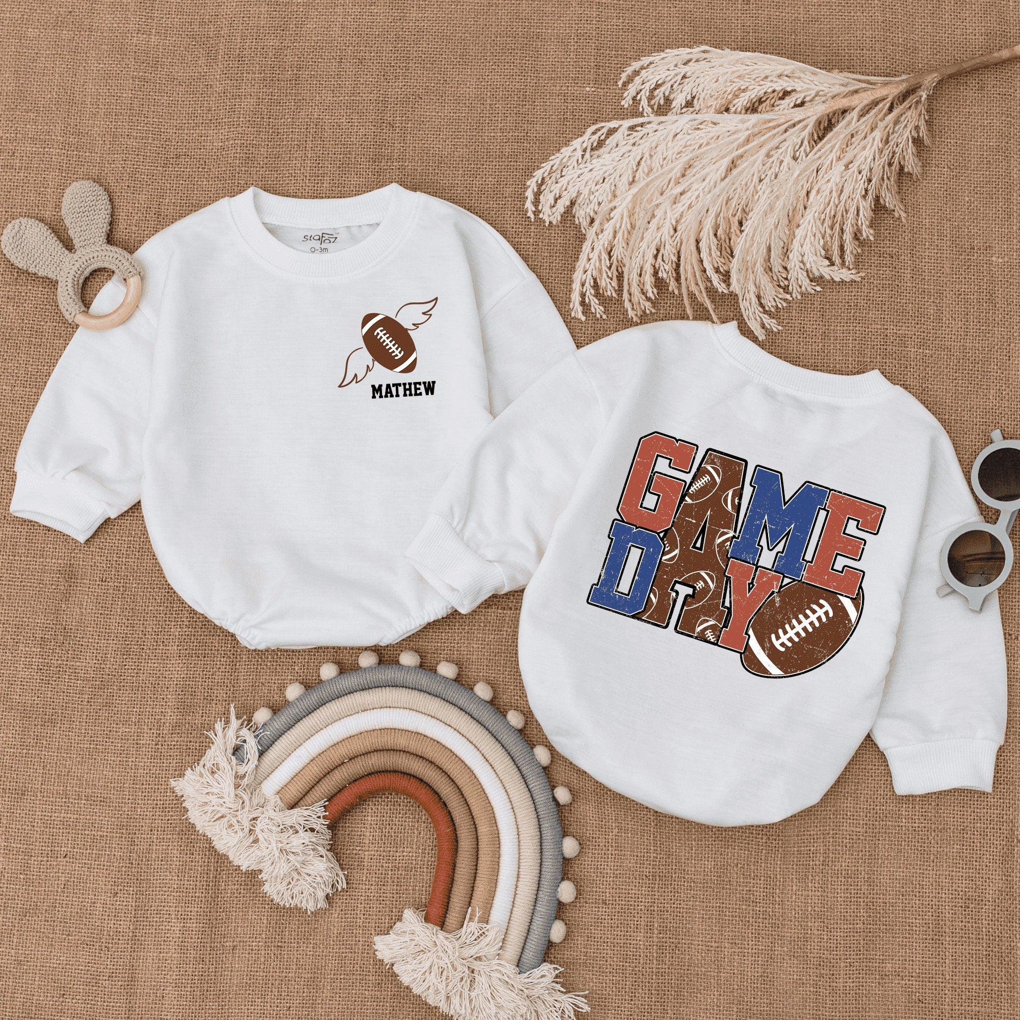 Playful Football Game Day Baby Romper Personalized Infant Bodysuit Vibrant Colors Cotton Soft Comfortable Sporty Fun Toddler Outfit
