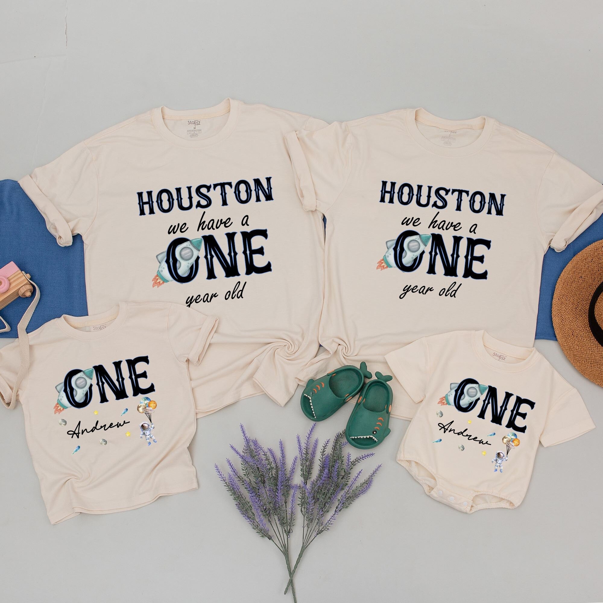 Houston We Have a One Year Old Matching Family Space Birthday Shirts Personalize with Name Rocket Design Cotton Soft Fun Outfit Gift