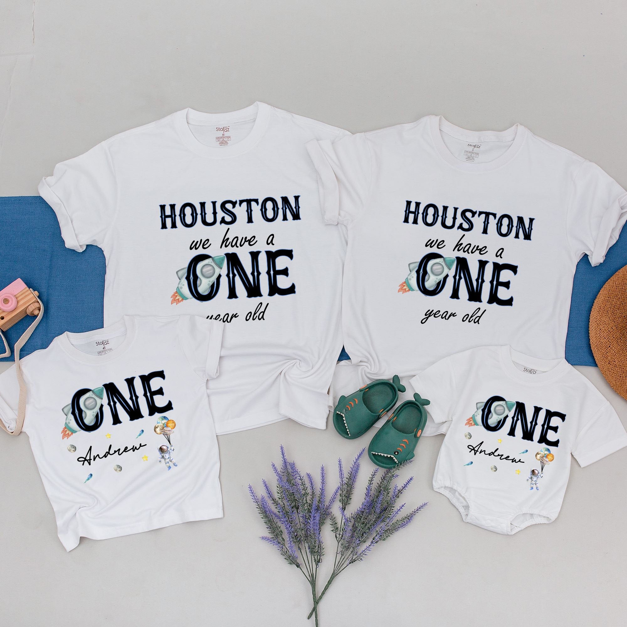 Houston We Have a One Year Old Matching Family Space Birthday Shirts Personalize with Name Rocket Design Cotton Soft Fun Outfit Gift