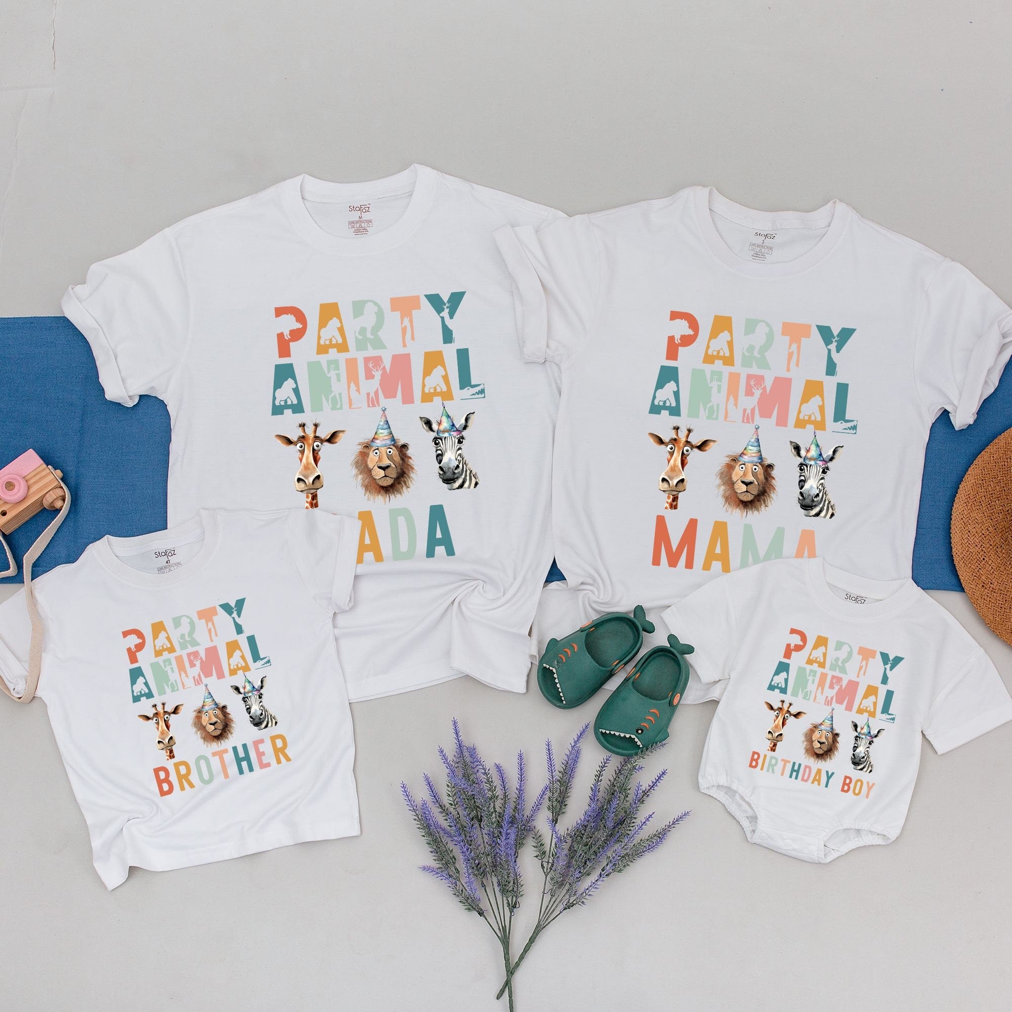 Party Animal Safari Family Shirts Personalized Zoo Birthday Outfit Cotton Vibrant Design Custom Names Giraffe Lion Zebra Celebration