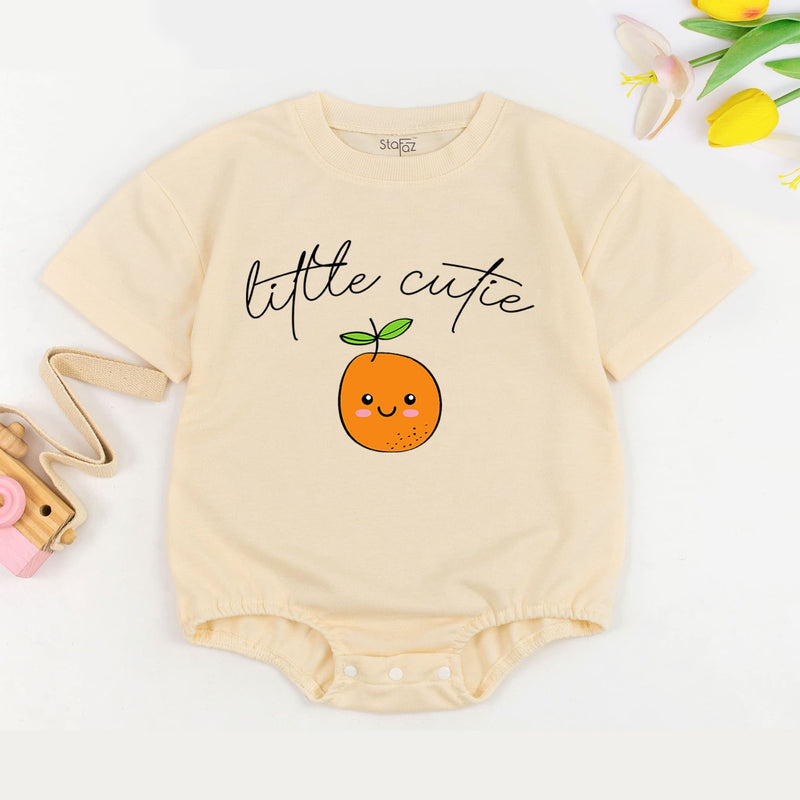 Little Cutie Baby Romper with Smiling Orange Face Comfortable Cotton Outfit for Baby Showers or Casual Wear Bright Fruit Design