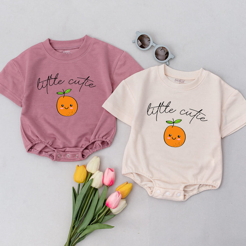 Little Cutie Baby Romper with Smiling Orange Face Comfortable Cotton Outfit for Baby Showers or Casual Wear Bright Fruit Design