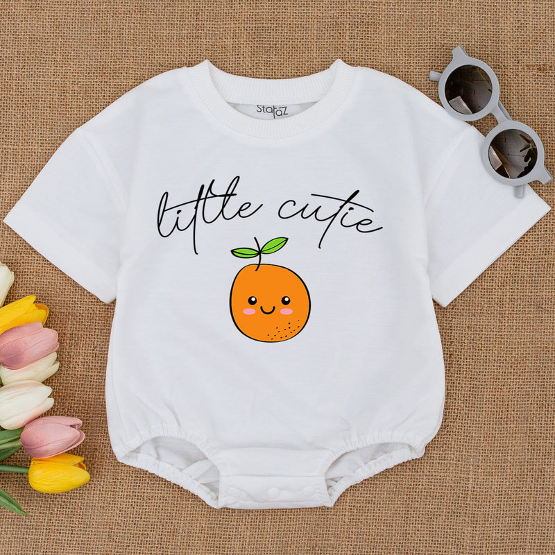 Little Cutie Baby Romper with Smiling Orange Face Comfortable Cotton Outfit for Baby Showers or Casual Wear Bright Fruit Design