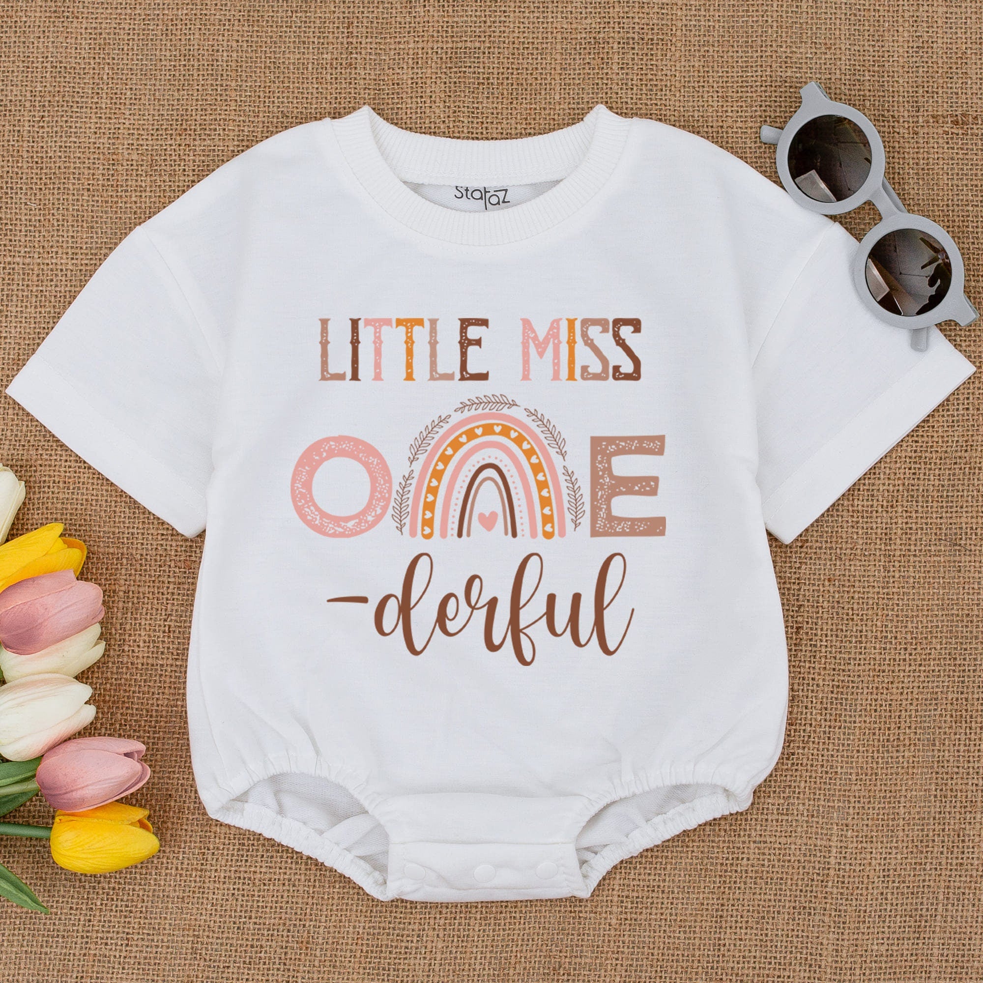 Miss One-derful First Birthday Girl Outfit Pastel Rainbow Romper Boho Cake Smash Niece Gift Soft Cotton Playful Design 1st Celebration
