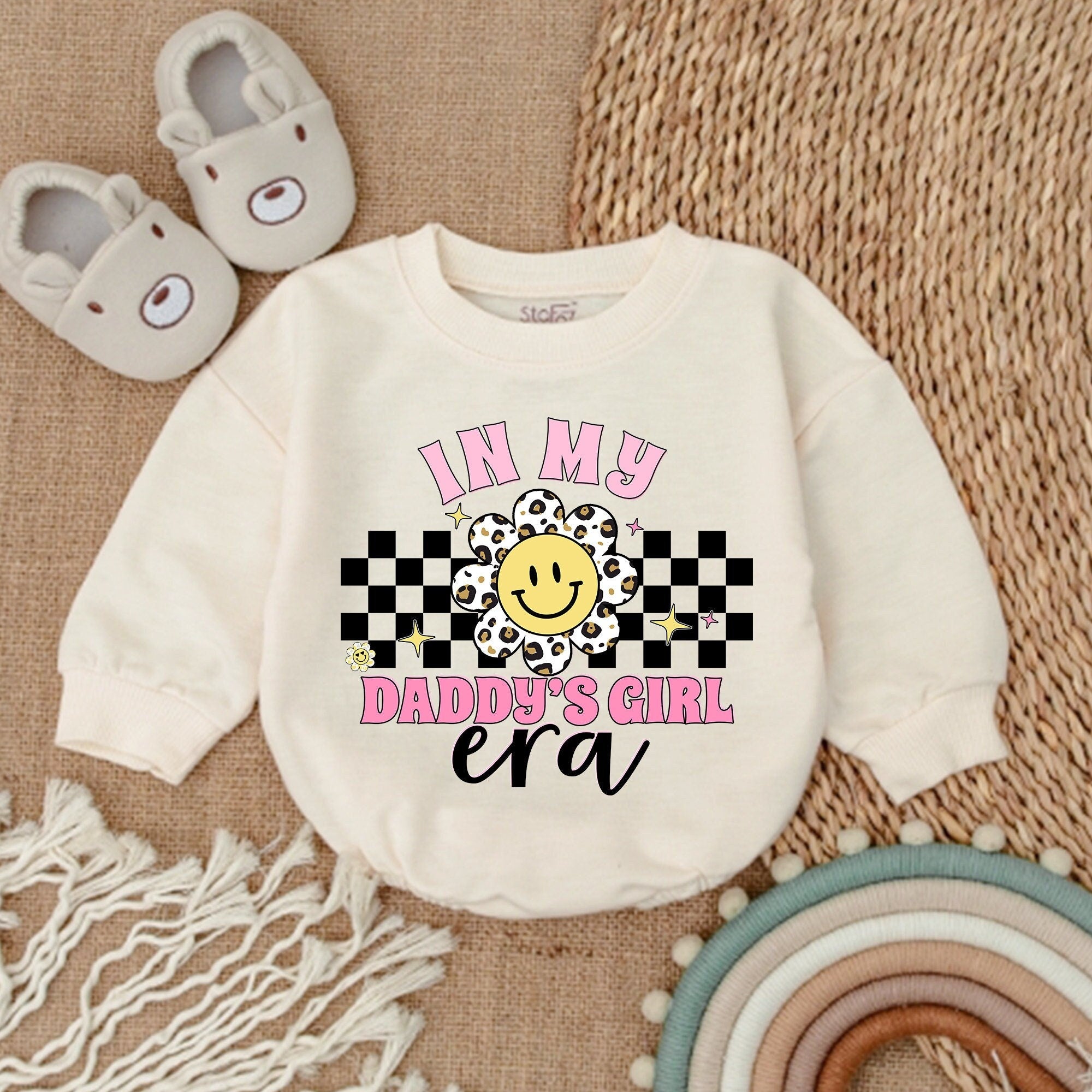 My Daddy's Girl Era Romper Smiling Flower Checkered Pattern Baby Outfit Fun Gift Soft Cotton Infant Bodysuit for Girls