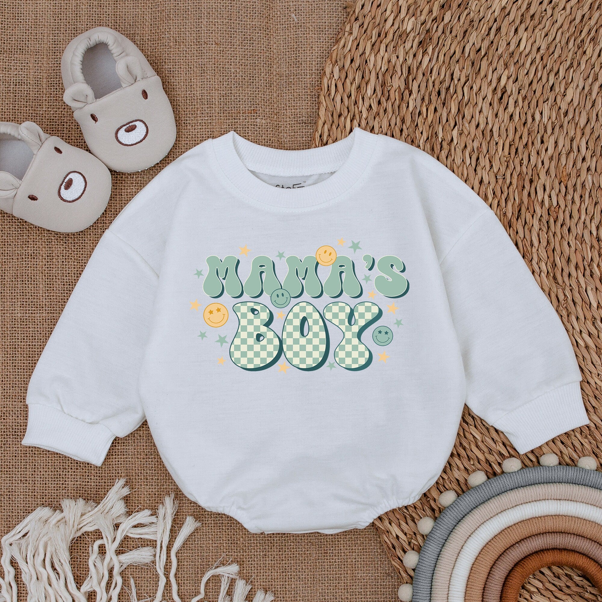 Mama's Boy Romper with Checkered Green Retro Style Stars Gift for Baby Boy Soft Playful Cotton Infant Outfit Birthday Casual