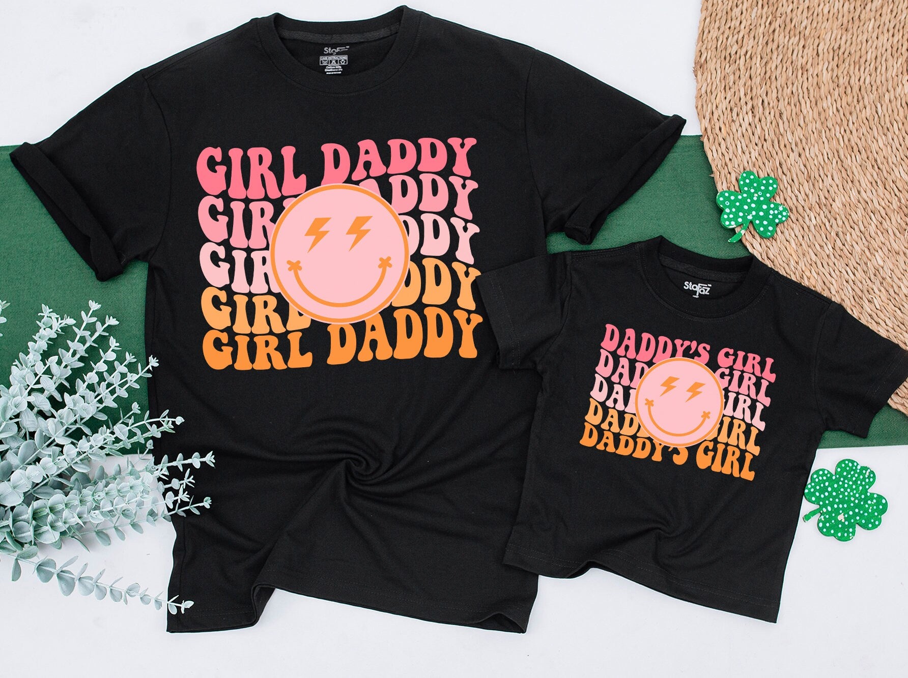 Personalized Girl Daddy Daddy's Girl Shirts Retro Smiley Face Matching Family Outfit Custom Baby Toddler Gift Vibrant Pink Orange