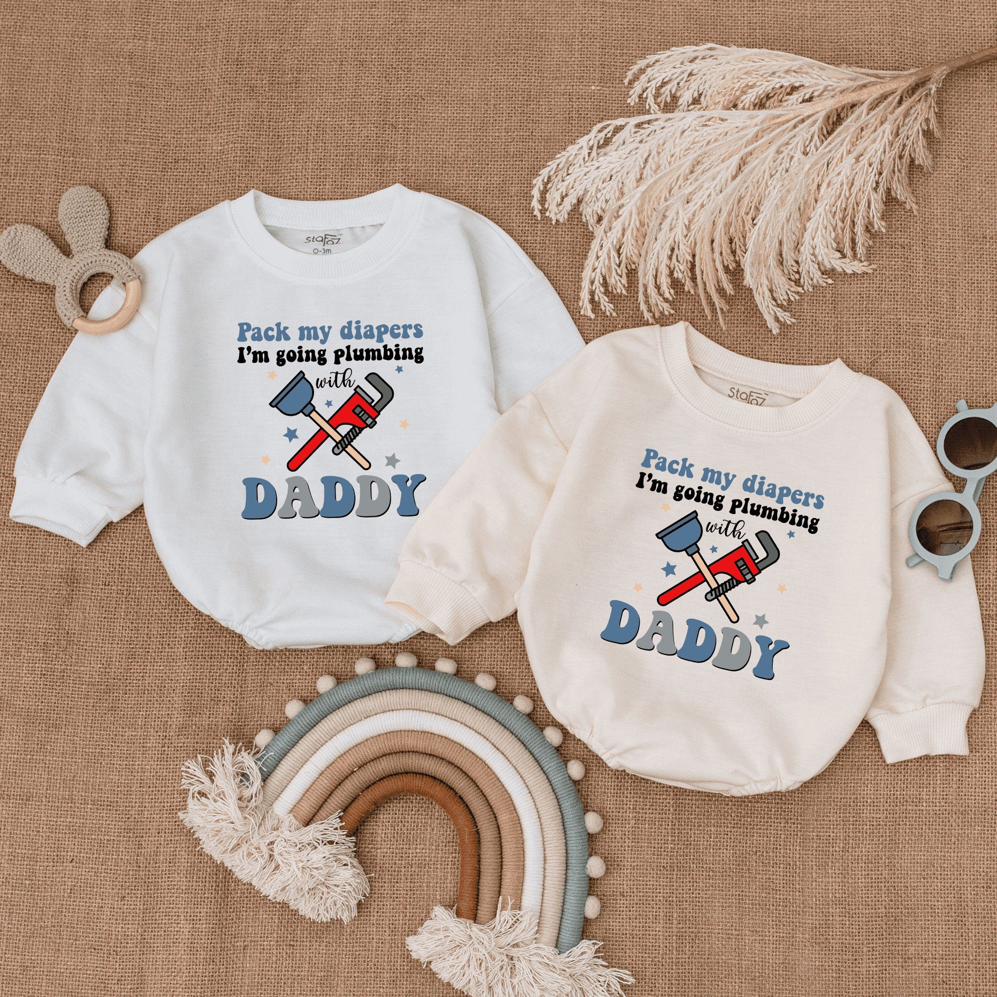 Pack My Diapers I'm Going Plumbing with Daddy Baby Romper Newborn Gift Cute Cartoon Wrench Plunger Design for Father's Day Celebration