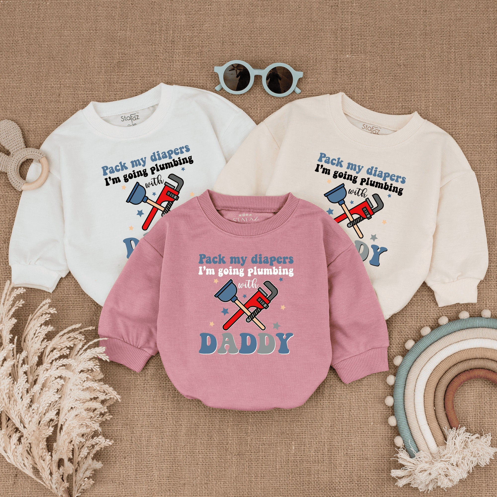 Pack My Diapers I'm Going Plumbing with Daddy Baby Romper Newborn Gift Cute Cartoon Wrench Plunger Design for Father's Day Celebration