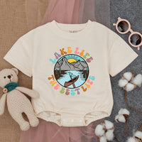 Lake Life Baby Romper Short Sleeve with Mountains and Sun Soft Cotton Outdoor Adventure Bodysuit Cute Gift for Summer Baby Clothes