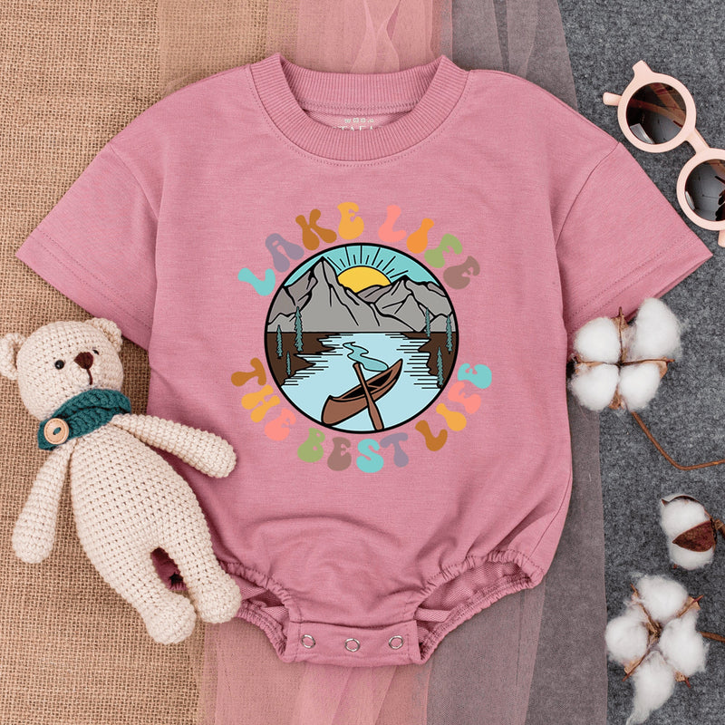Lake Life Baby Romper Short Sleeve with Mountains and Sun Soft Cotton Outdoor Adventure Bodysuit Cute Gift for Summer Baby Clothes