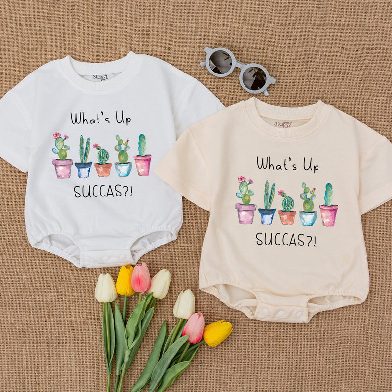 What's Up Succa Baby Romper with Cactus Design Funny Gift Unisex Hipster Clothes Soft Cotton Bodysuit for Baby or Toddler Party Wear