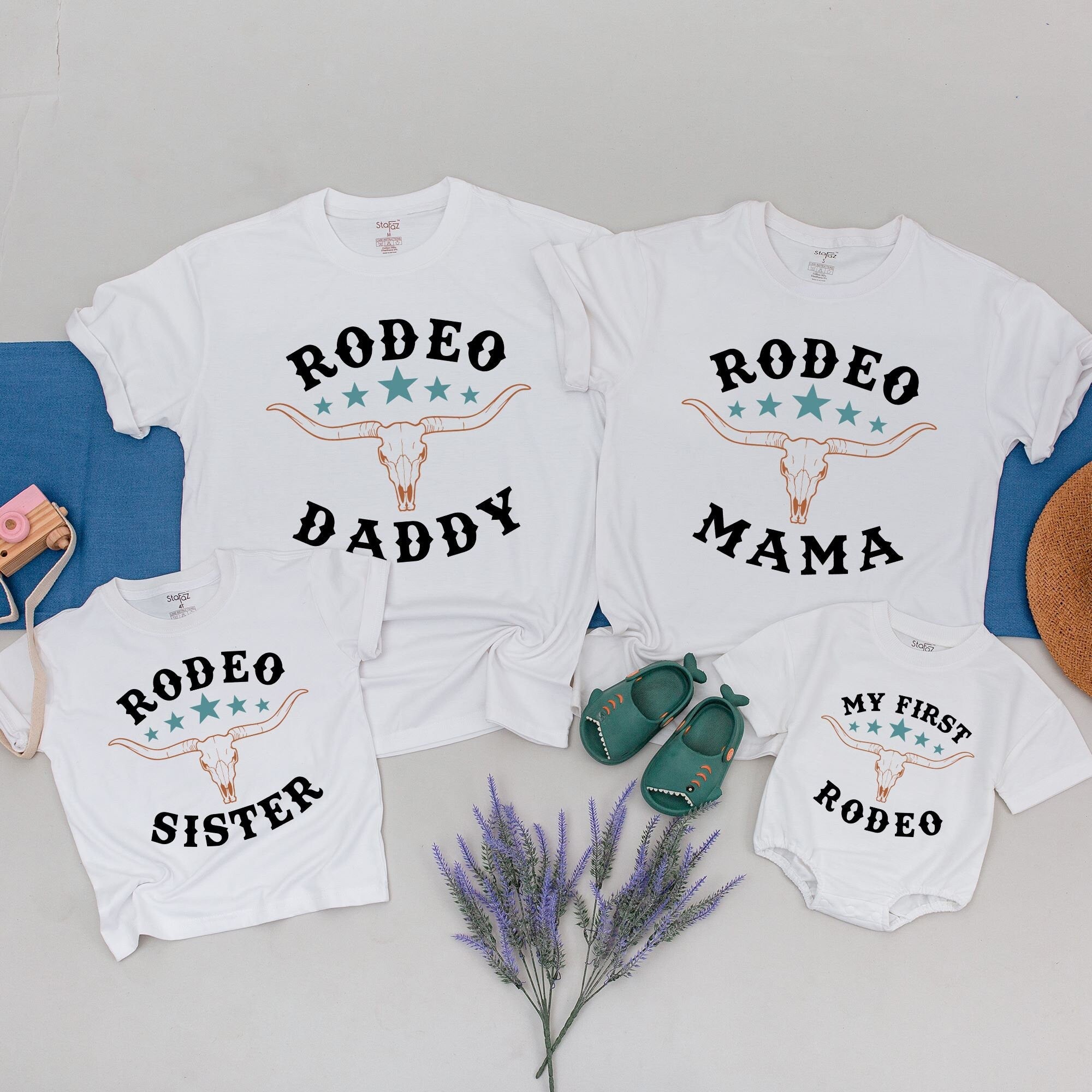 My First Rodeo Birthday Matching Family Shirts Longhorn Skull Design Cowboy Party Teal Stars Cotton Personalized Mama Daddy Sister Tee