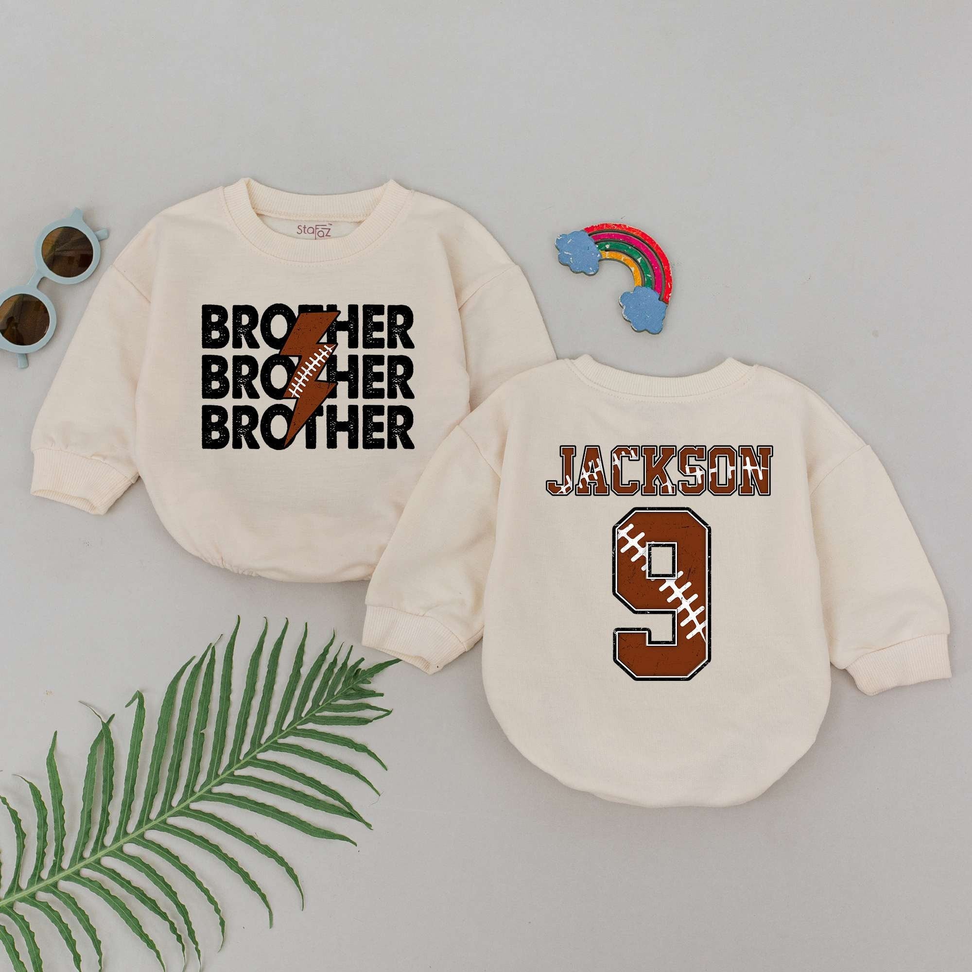 Personalized Baby Boy Football Romper with Brother Theme Custom Name and Number Fall Outfit Soft Cotton Playful Graphics