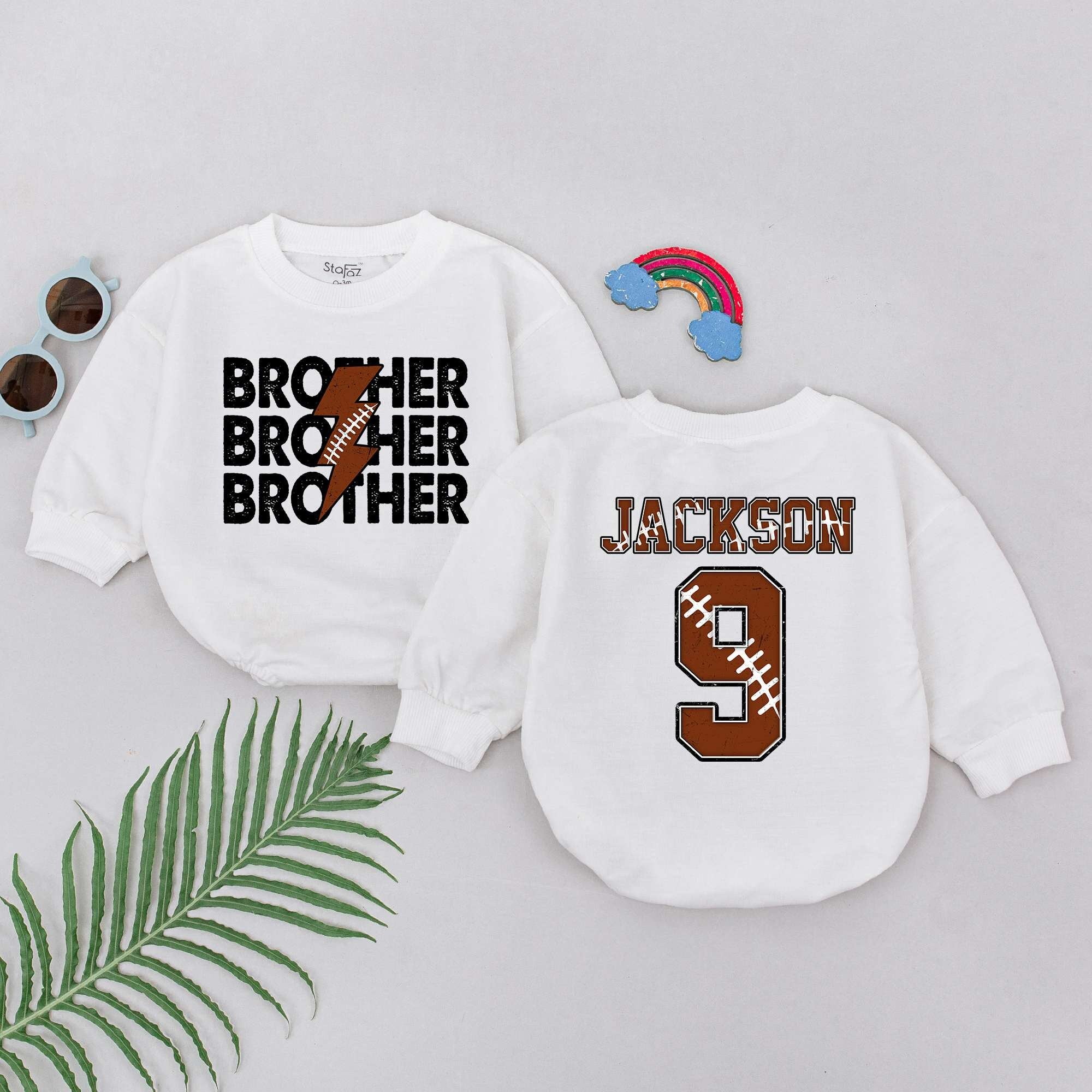 Personalized Baby Boy Football Romper with Brother Theme Custom Name and Number Fall Outfit Soft Cotton Playful Graphics