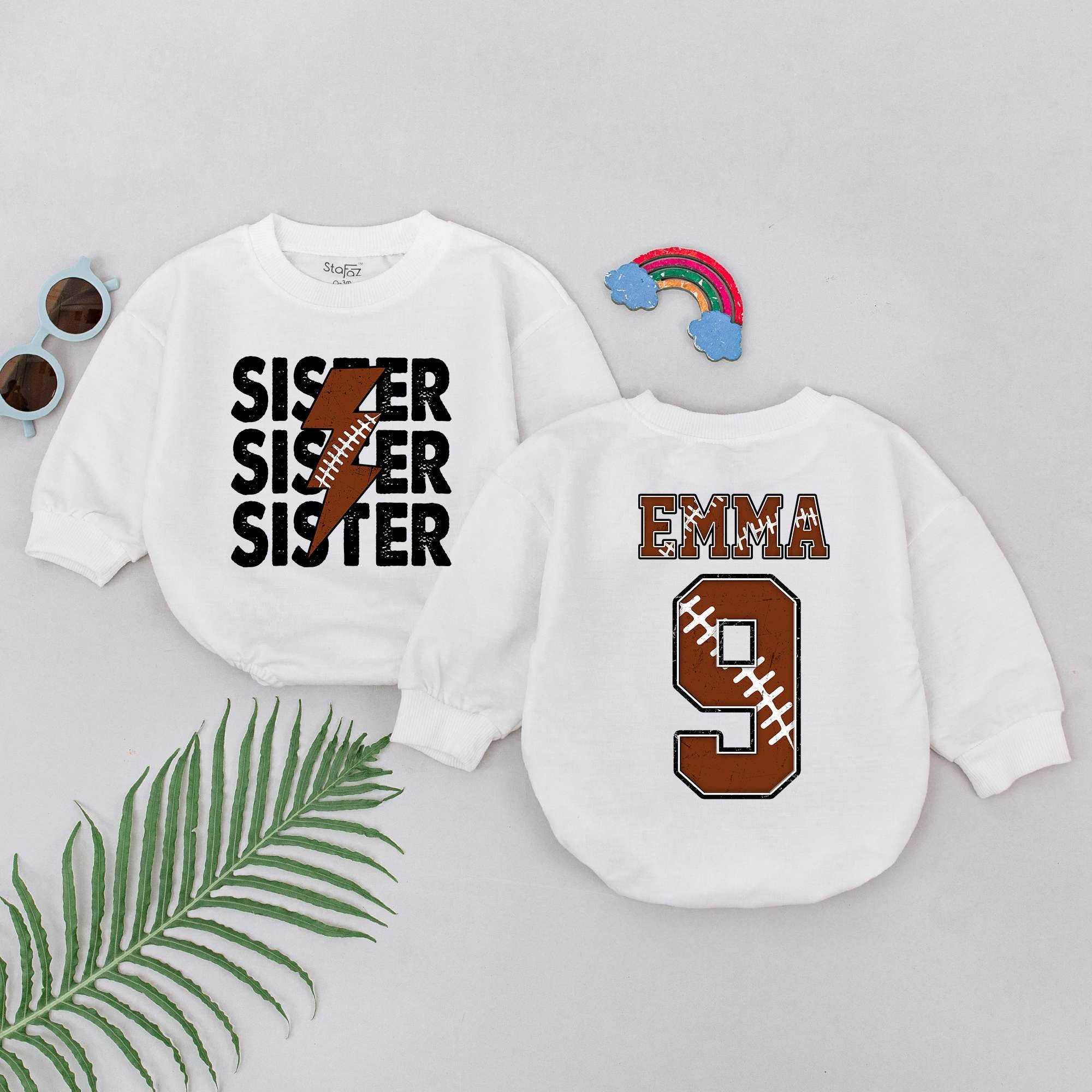 Personalized Football Sister Romper for Baby Girls Soft Cotton Playful Emma Design Sporty Outfit Perfect for Fall Celebrations