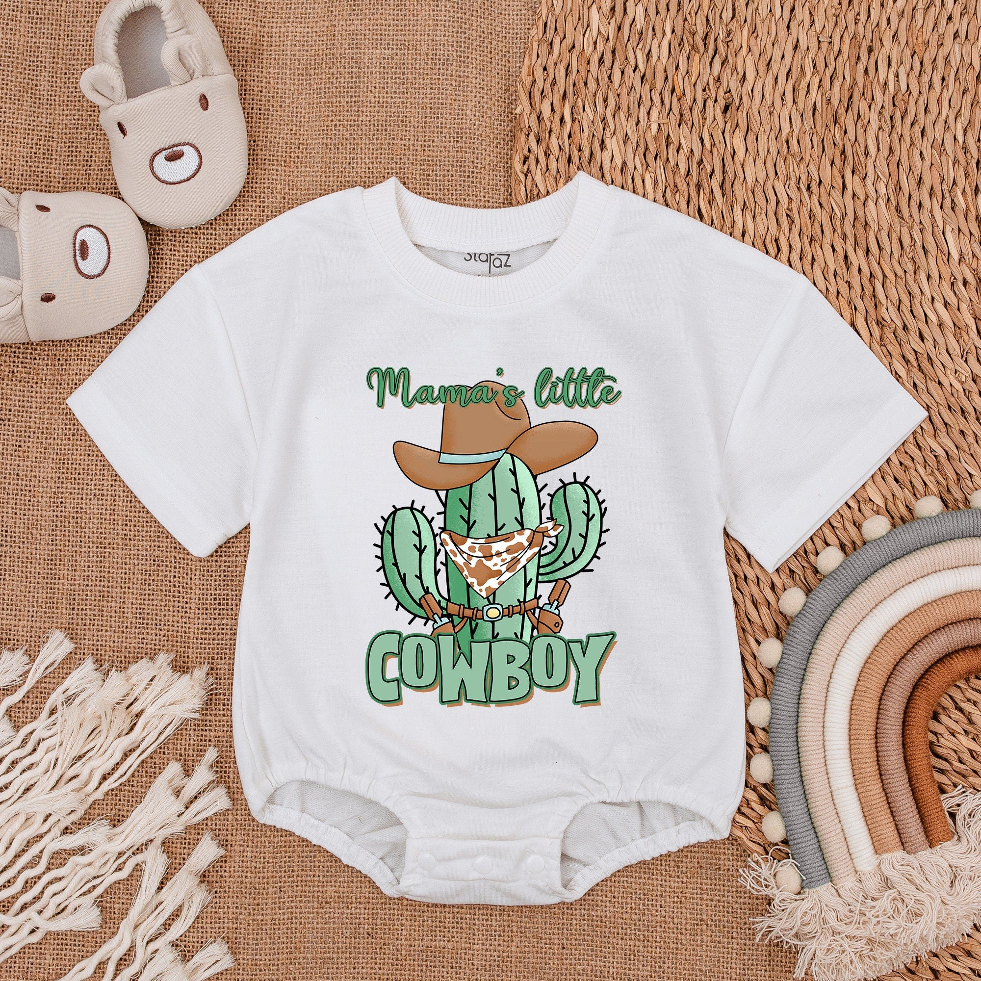 Mama's Little Cowboy Baby Romper with Cactus and Hat Design Soft Cotton Short Sleeve Outfit for Infant Playful Western Style
