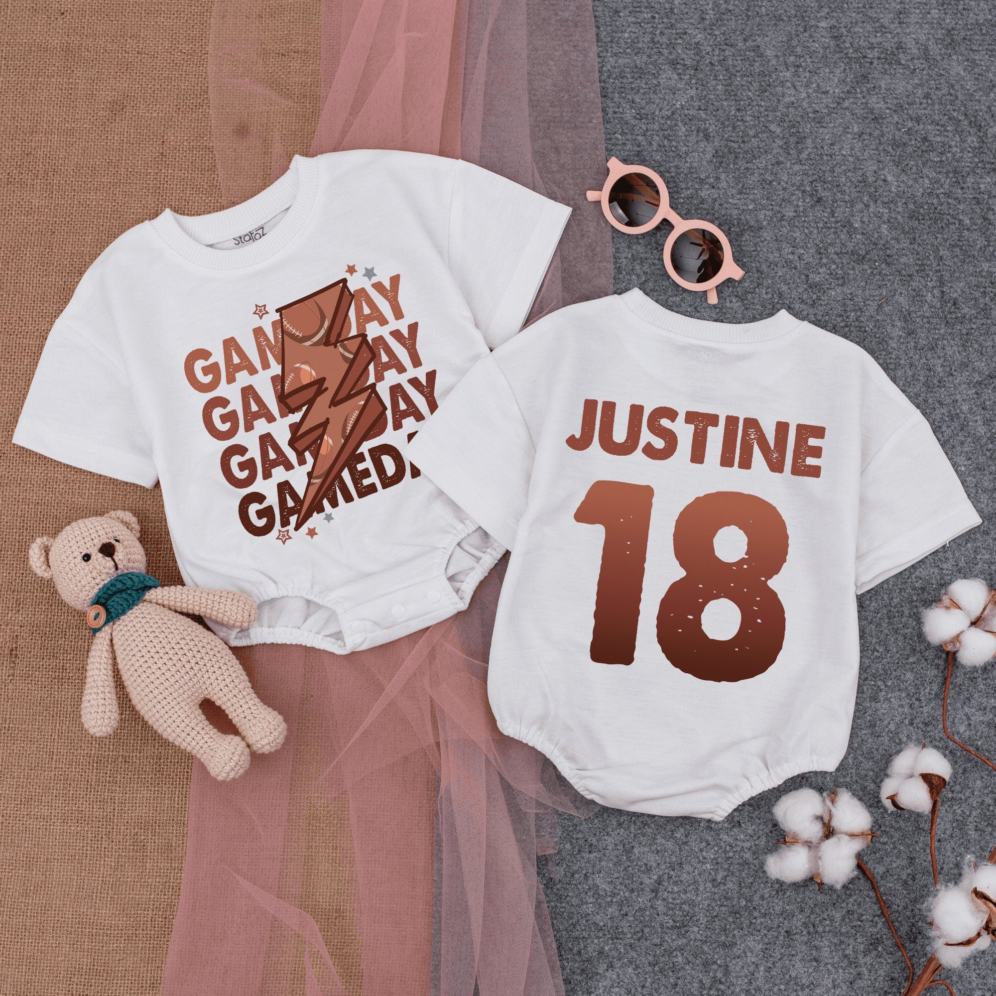 Custom Baby Football Romper with Earthy Tones Gameday Lightning Design Personalized Infant Bodysuit Sporty Gift for Baby Shower