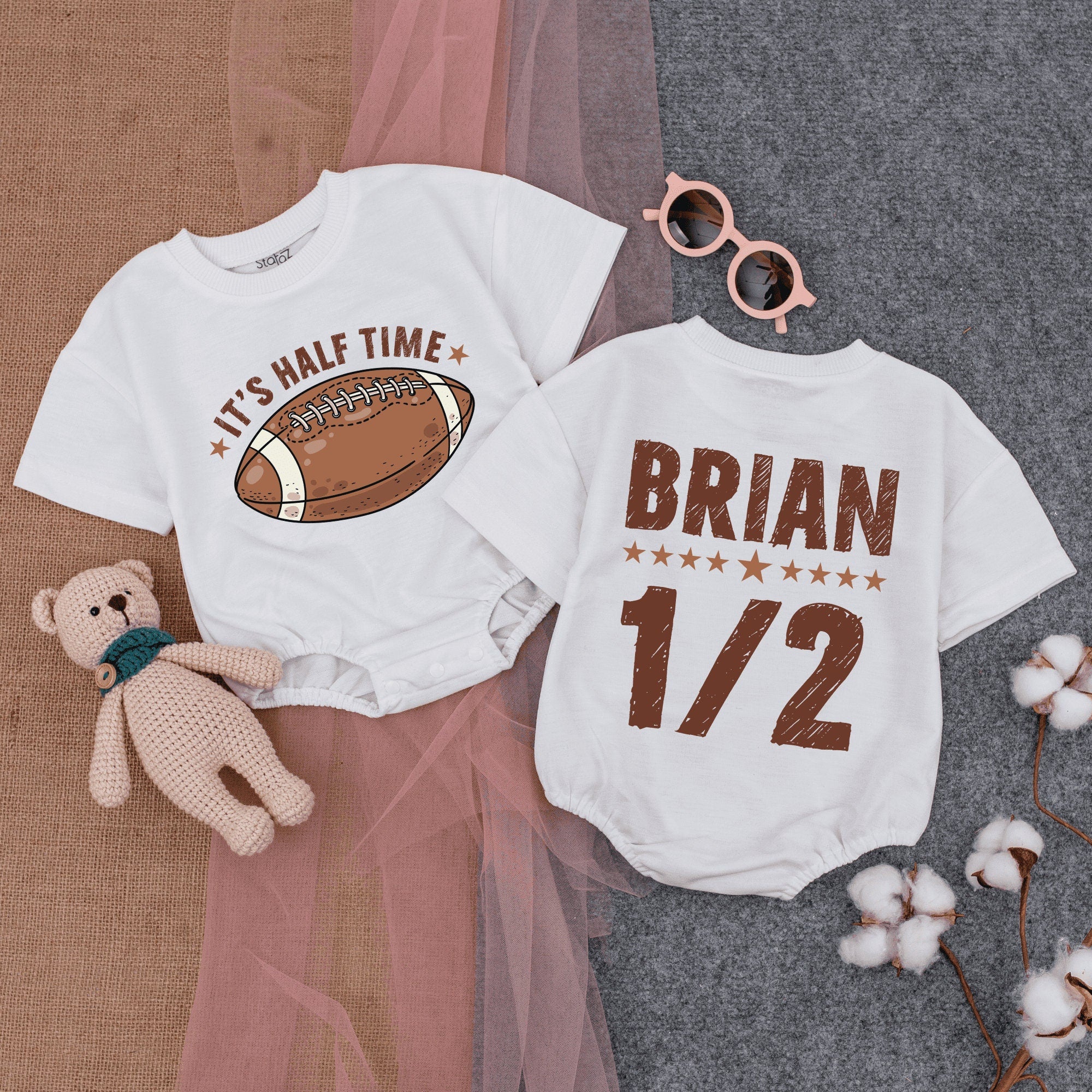 Personalized It's Halftime Baby Romper Football Theme Birthday Outfit Sporty Gameday Comfortable Cotton Infant Clothes Brown Design