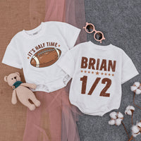 Personalized It's Halftime Football Baby Romper, Custom 1/2 Birthday Outfit, Soft Cotton Long Sleeve for Baby Milestone Photos & Gameday