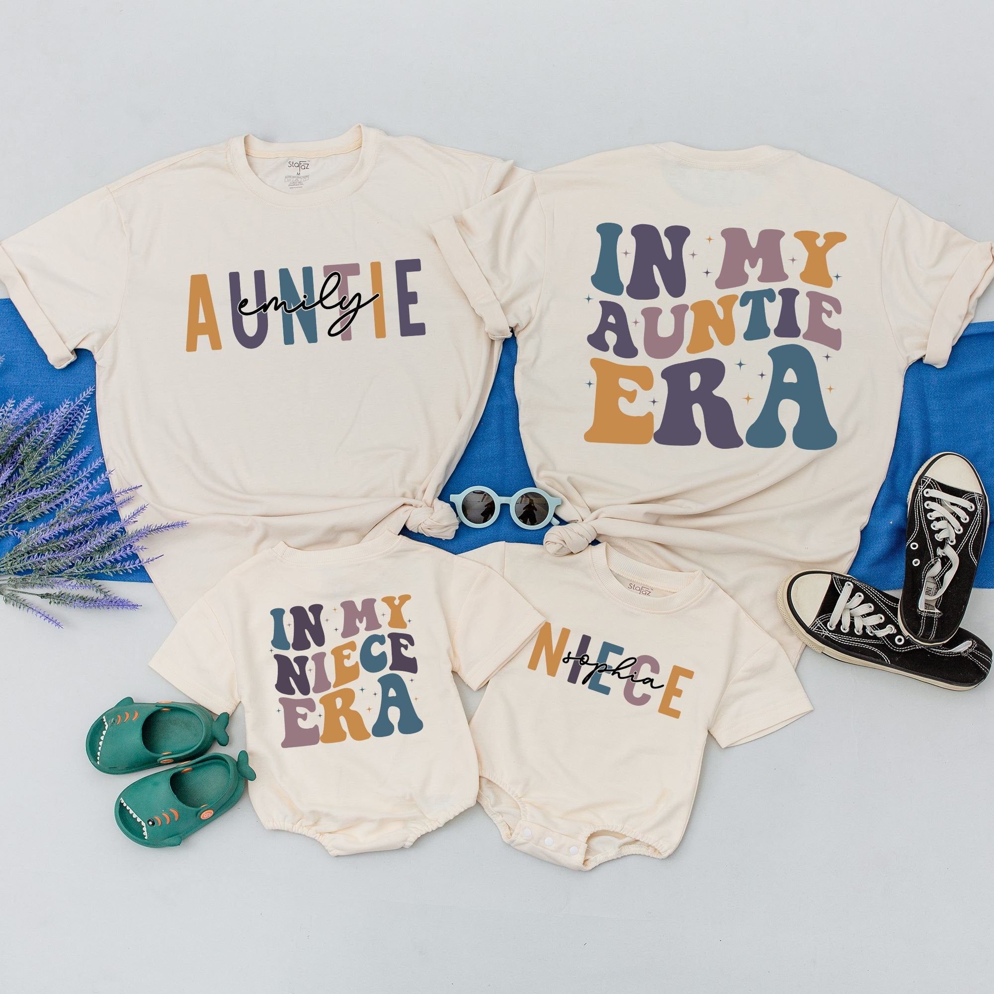 Vibrant Matching Auntie and Niece Era Shirts Playful Family Outfit Personalized Names Comfortable Cotton Gift for New Aunt Holiday