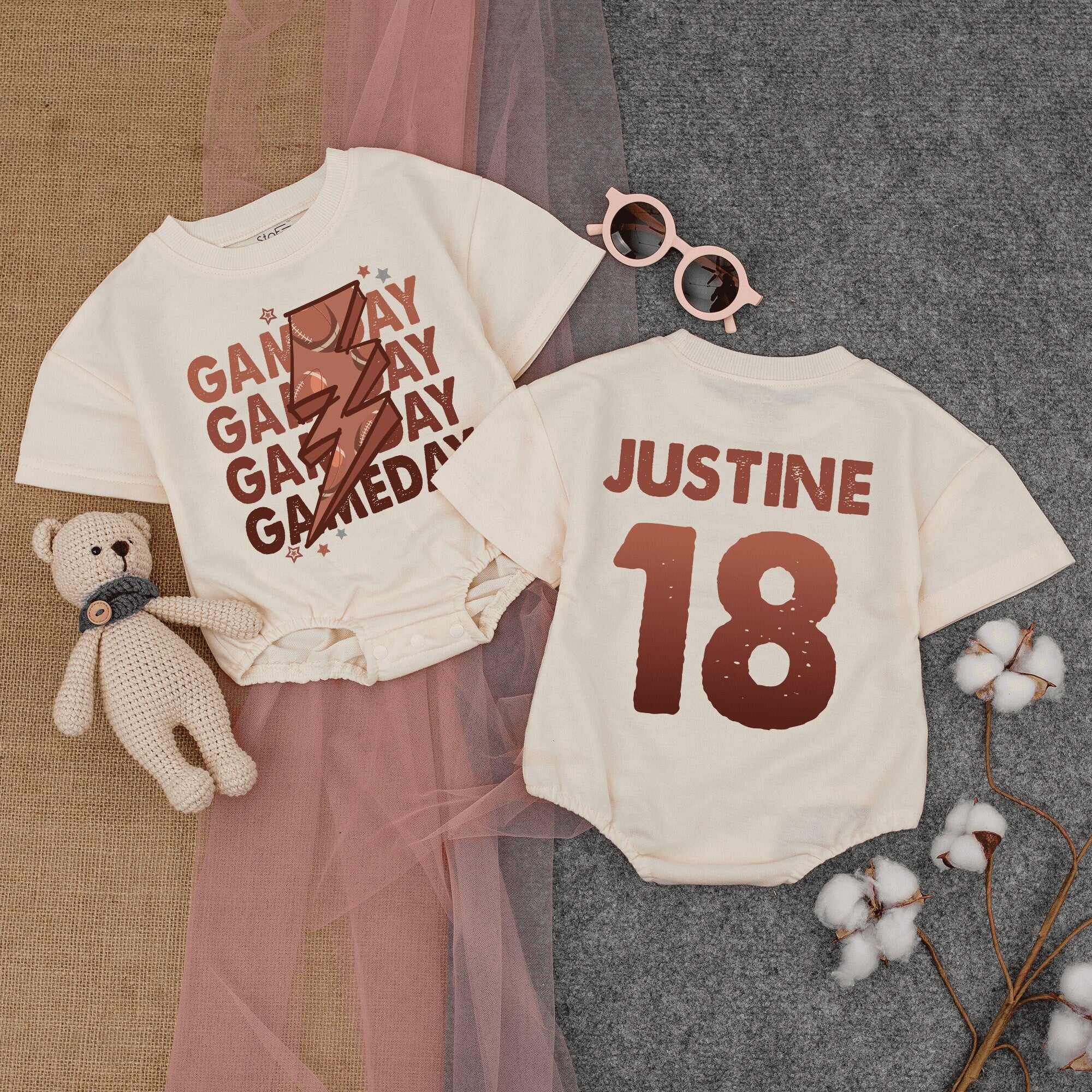 Custom Baby Football Romper with Earthy Tones Gameday Lightning Design Personalized Infant Bodysuit Sporty Gift for Baby Shower
