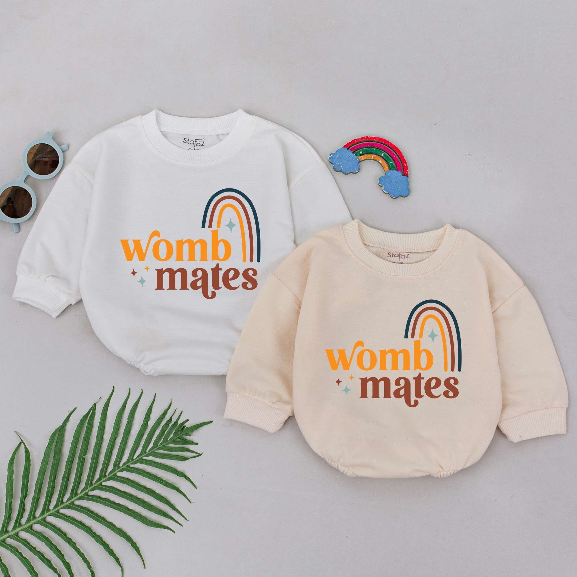Womb Mates Twin Baby Romper Cheerful Rainbow Design Soft Cotton Outfit Best Friends Bodysuit Baby Shower Gift Boys Girls