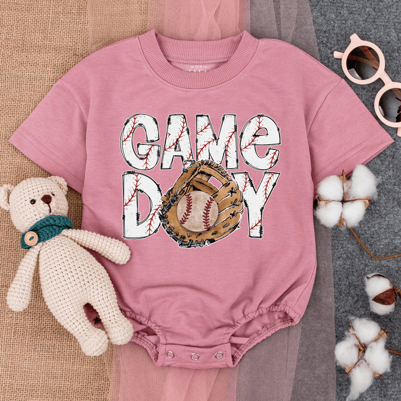 Game Day Baseball Baby Romper with Playful Stitch Design