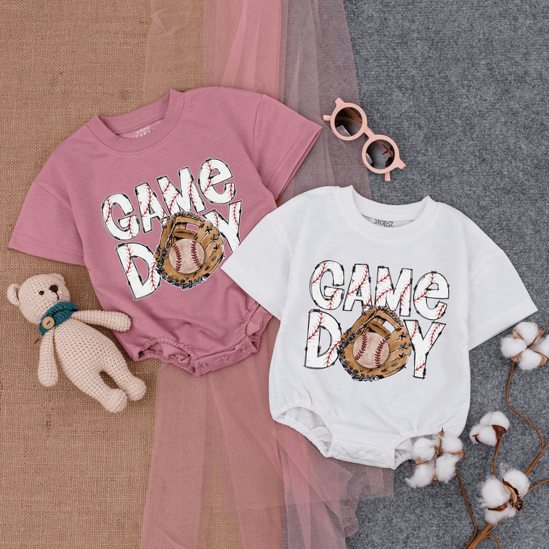 Game Day Baseball Baby Romper with Playful Stitch Design