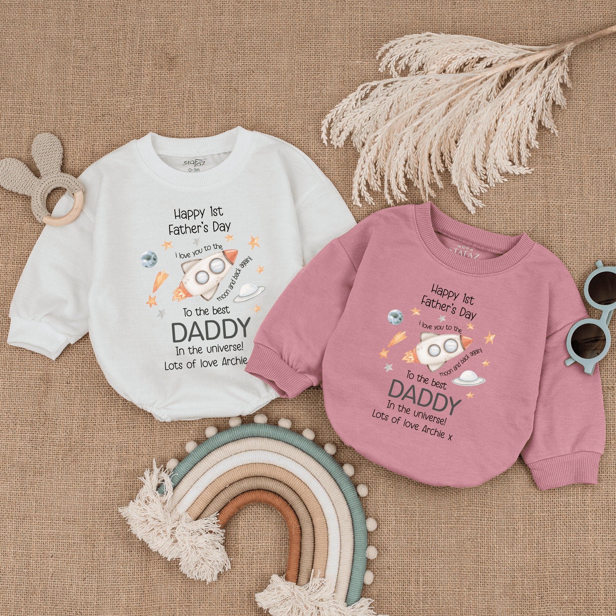 Happy 1st Father's Day Baby Romper Cartoon Rocket Soft Cotton Newborn Outfit New Dad Gift Whimsical Stars Planets Pastel Colors