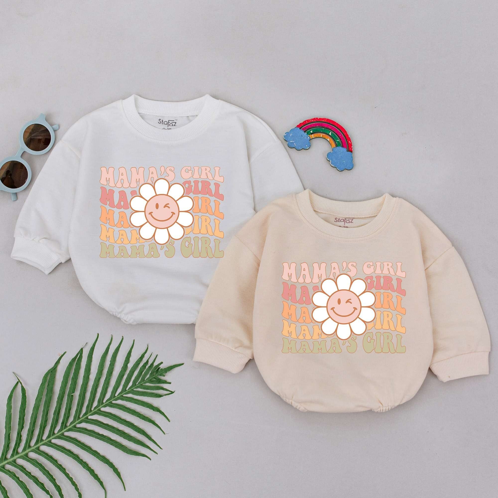 Mama's Girl Baby Romper with Smiling Flower Design Vibrant Retro Infant Outfit Perfect Mother's Day Gift for Newborn Girls Fun Playful Style