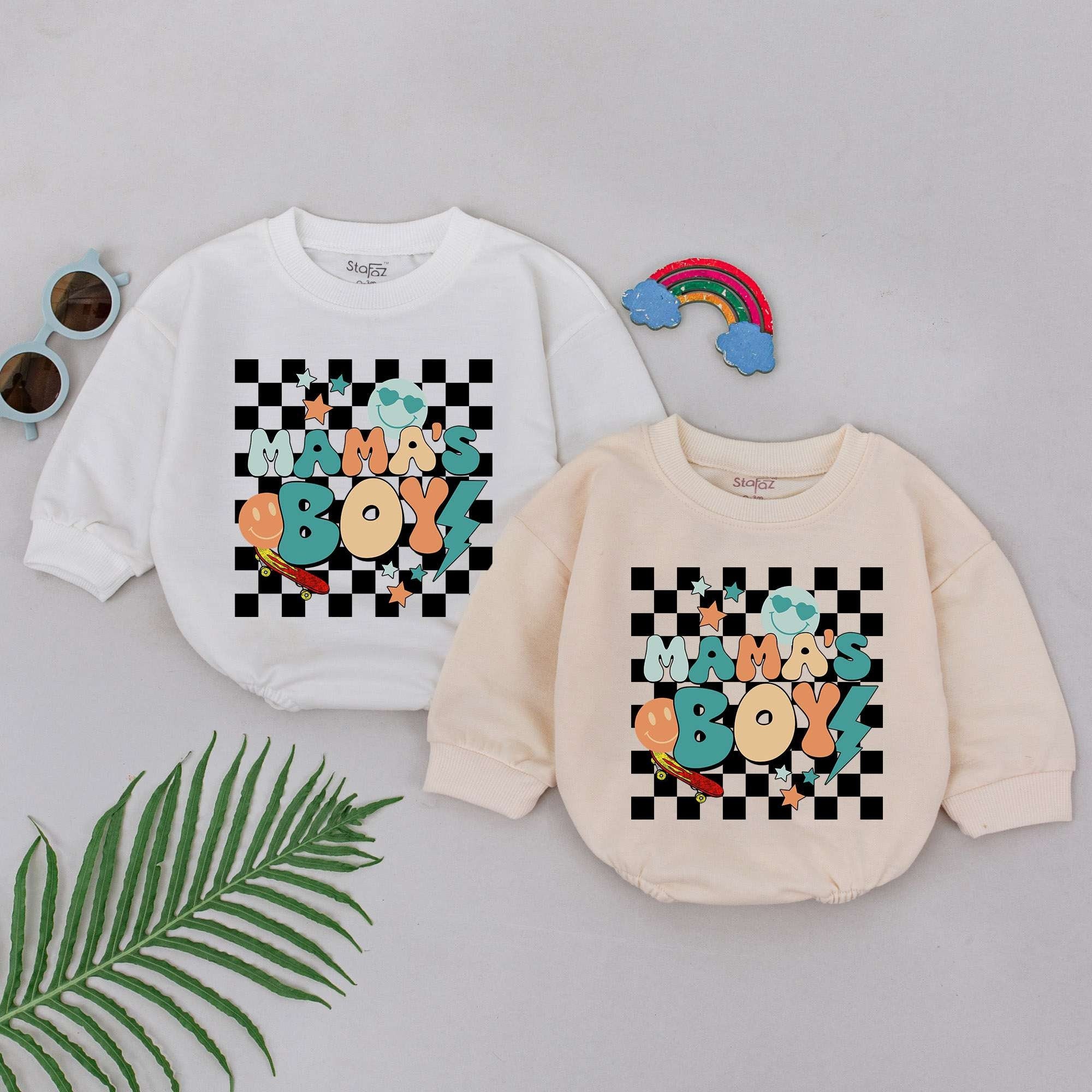 Mama's Boy Baby Romper Retro Style with Checkered Pattern Fun Design Orange Teal Stars Perfect Mother's Day or Baby Shower Gift