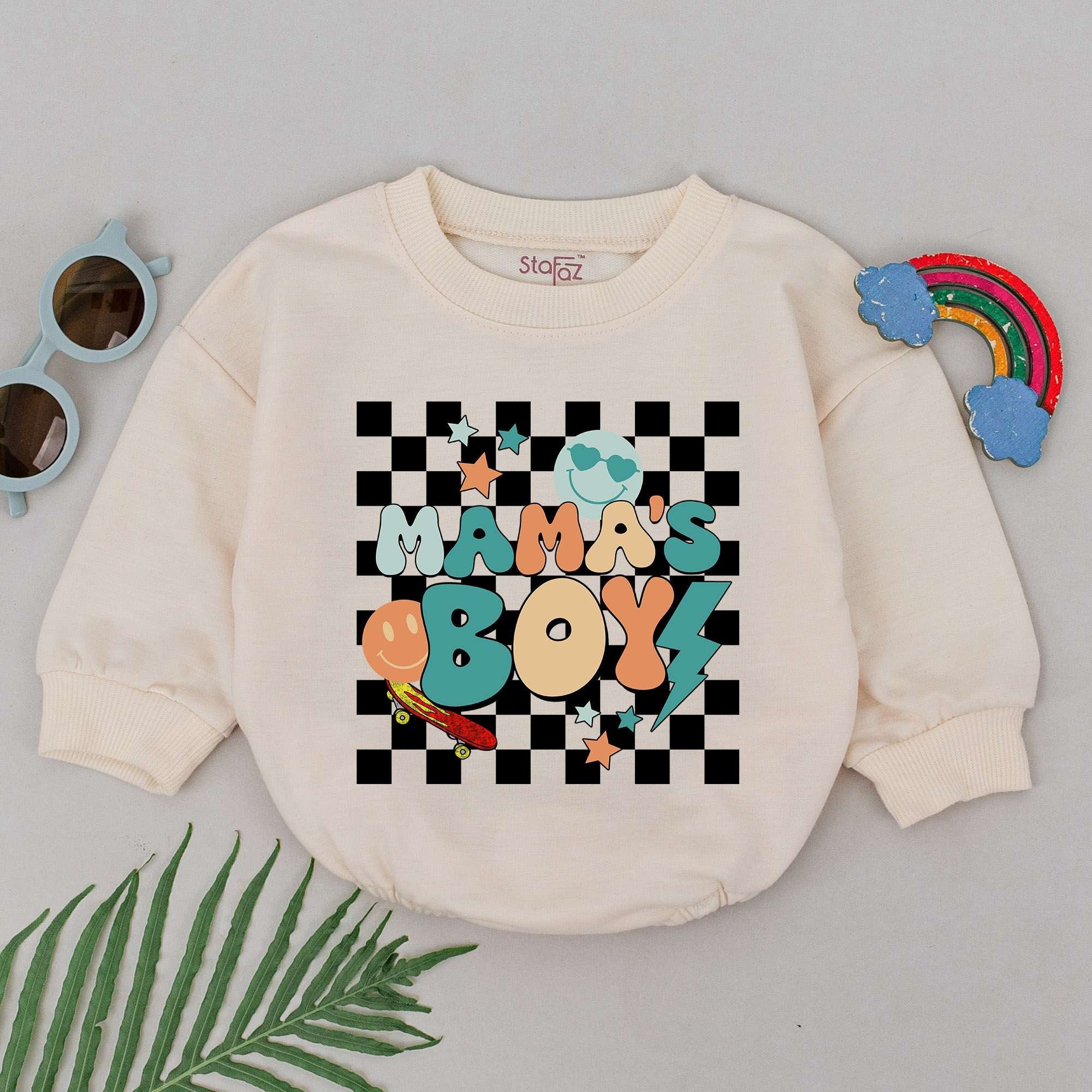 Mama's Boy Baby Romper Retro Style with Checkered Pattern Fun Design Orange Teal Stars Perfect Mother's Day or Baby Shower Gift