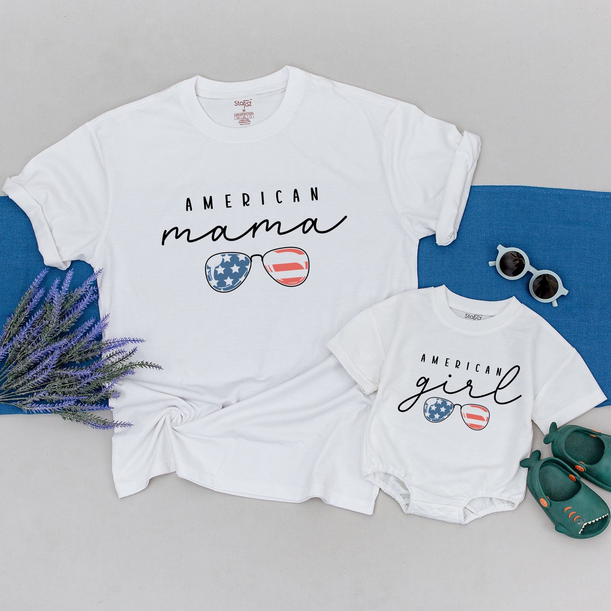 American Mama and Girl Cursive Shirts Patriotic Sunglasses Design Family Matching Outfit USA Baby Girl Cotton Casual Holiday Apparel