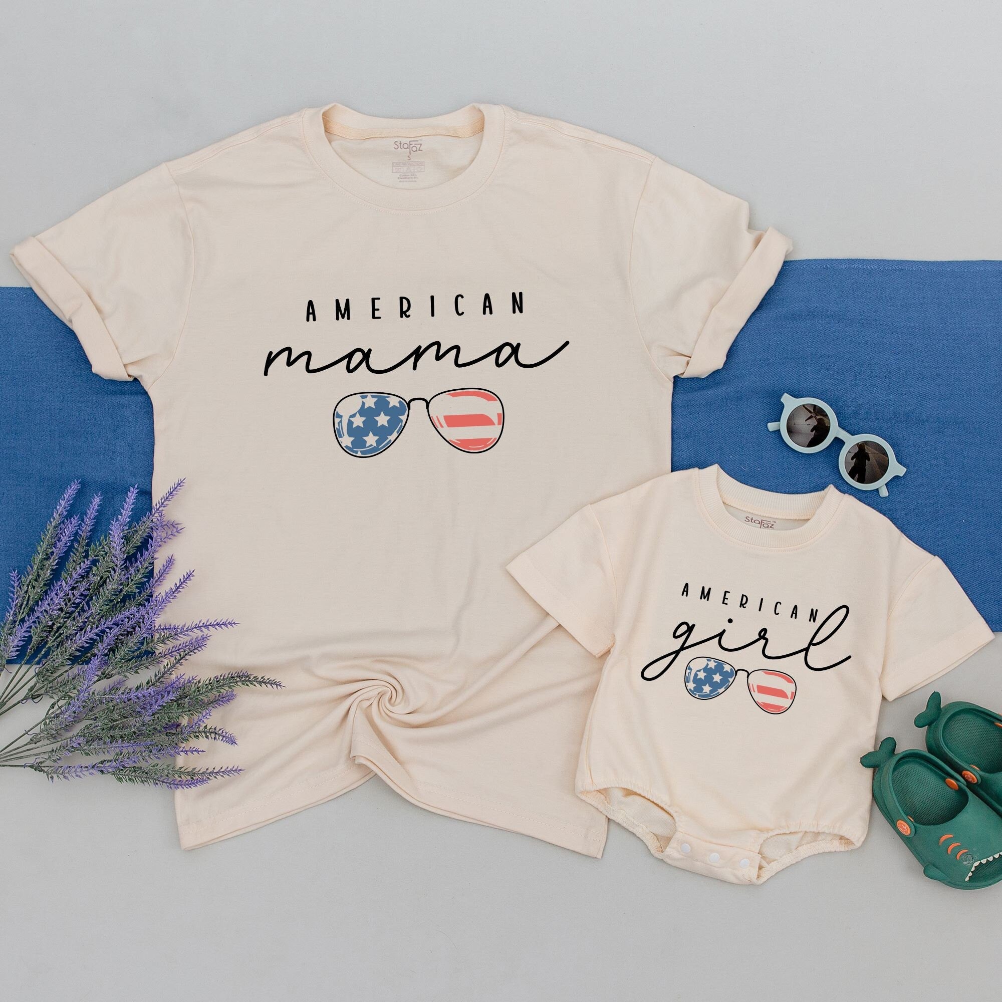 American Mama and Girl Cursive Shirts Patriotic Sunglasses Design Family Matching Outfit USA Baby Girl Cotton Casual Holiday Apparel