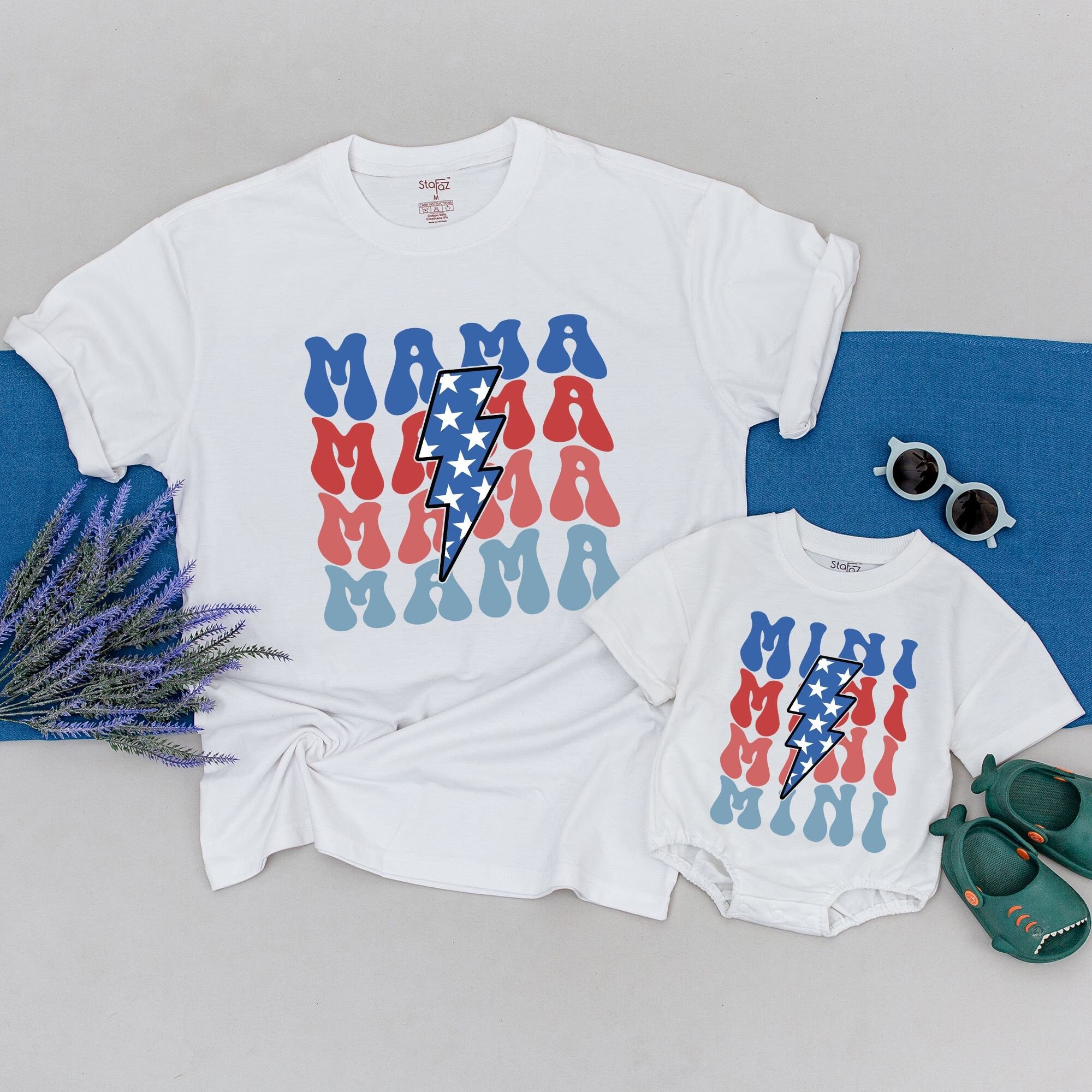 Retro MAMA and Mini Matching Fourth of July T-Shirts Bold Americana Design with Lightning Bolt for Mother and Child