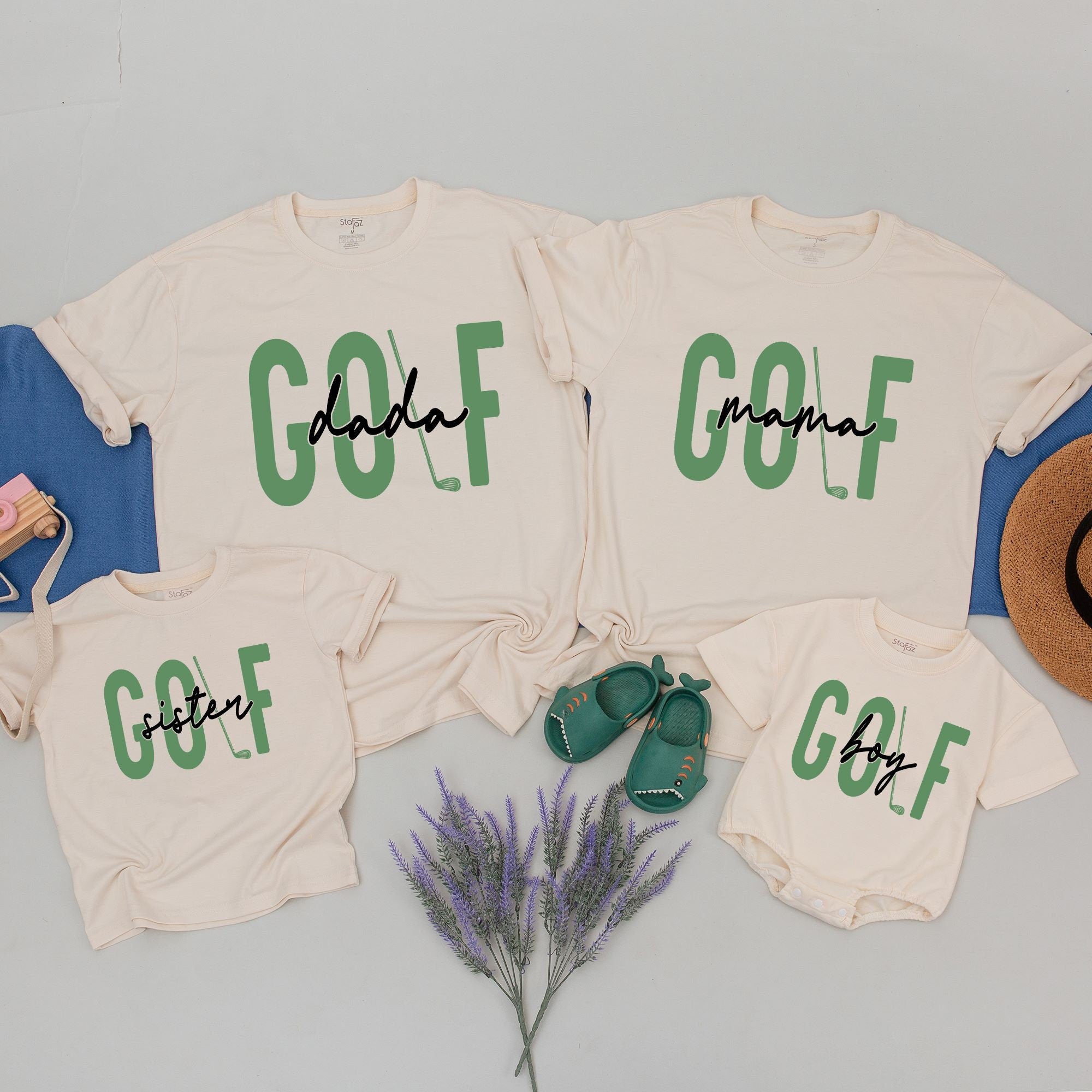 Matching Family Golf Shirts with Bold Green Letters and Cursive Script Personalized Birthday Gift for Mom Dad Brother One Year Old