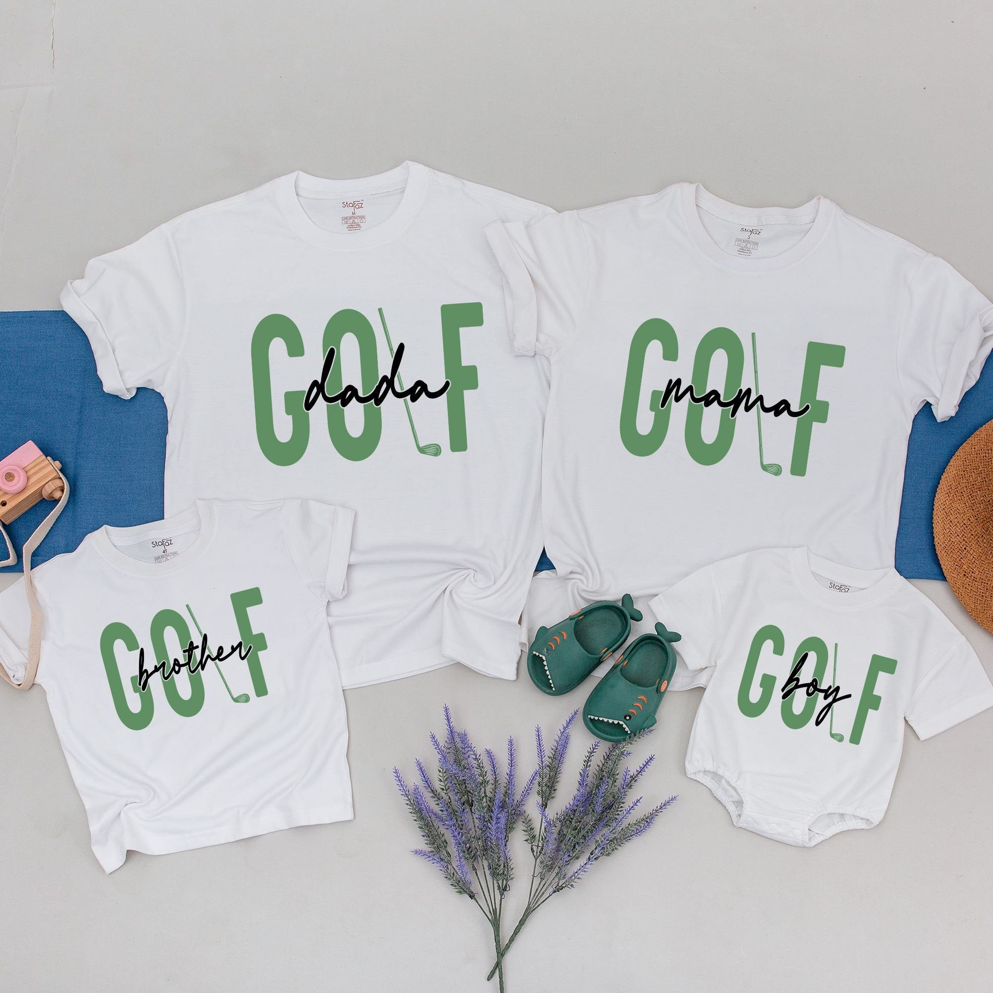 Matching Family Golf Shirts with Bold Green Letters and Cursive Script Personalized Birthday Gift for Mom Dad Brother One Year Old