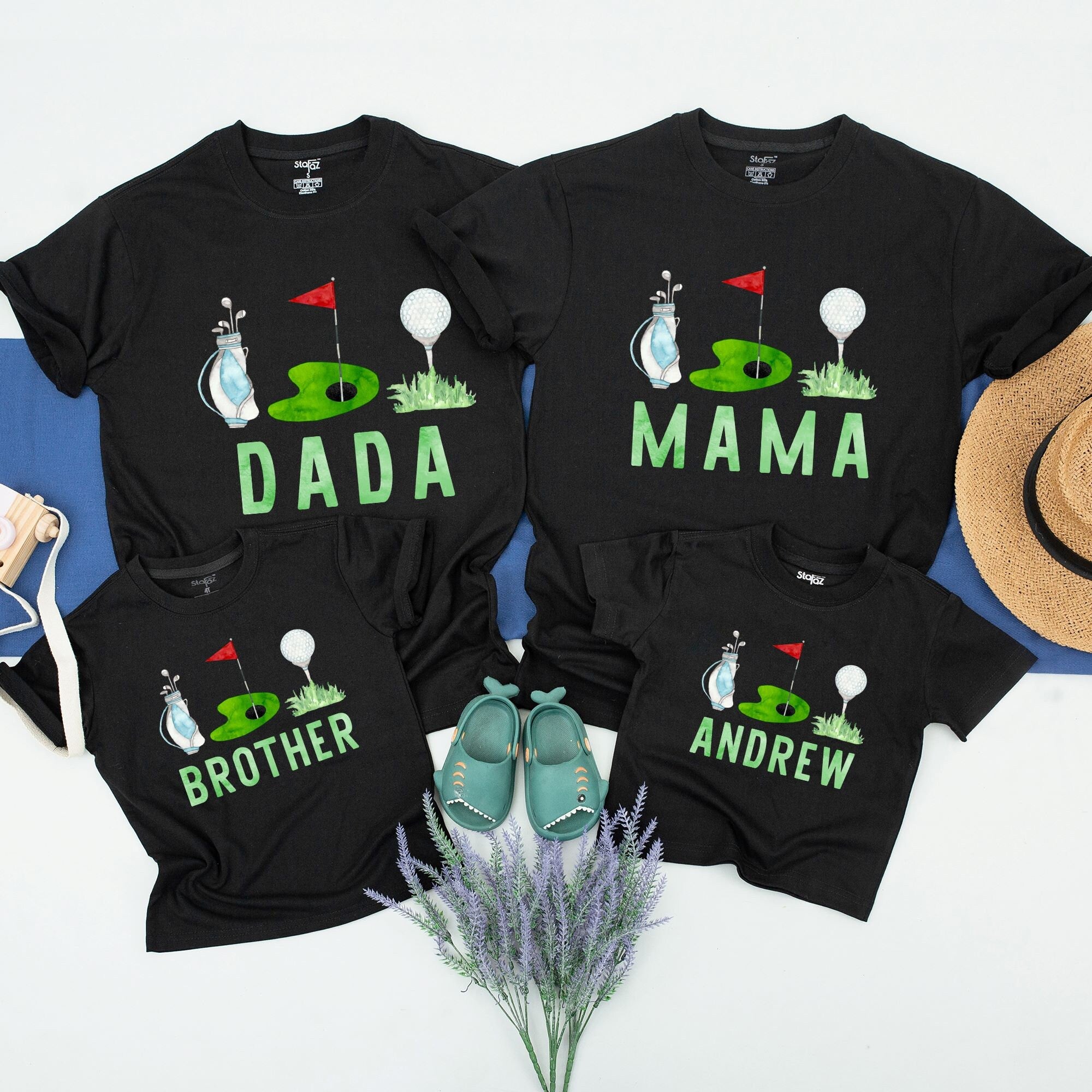 Personalized Family Golf Shirts Custom Names Vibrant Green Red Design Matching Mom Dad Child Birthday Gift Fun Sporty Outfit