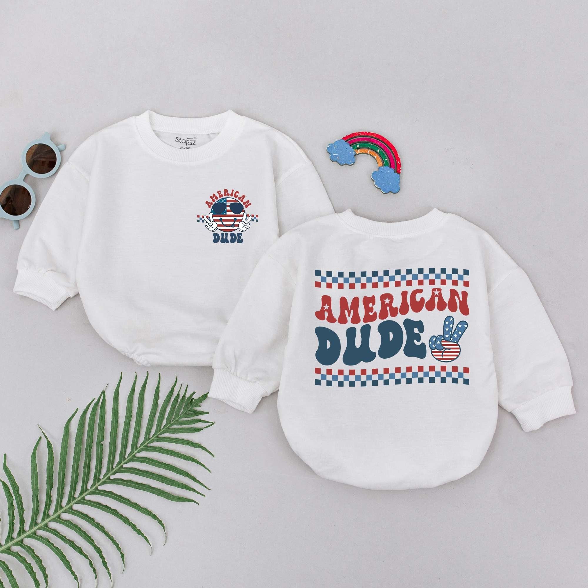 American Dude Baby Romper Red White Blue Peace Sign 4th of July Outfit Soft Cotton Infant Clothes Patriotic Newborn Holiday Fashion