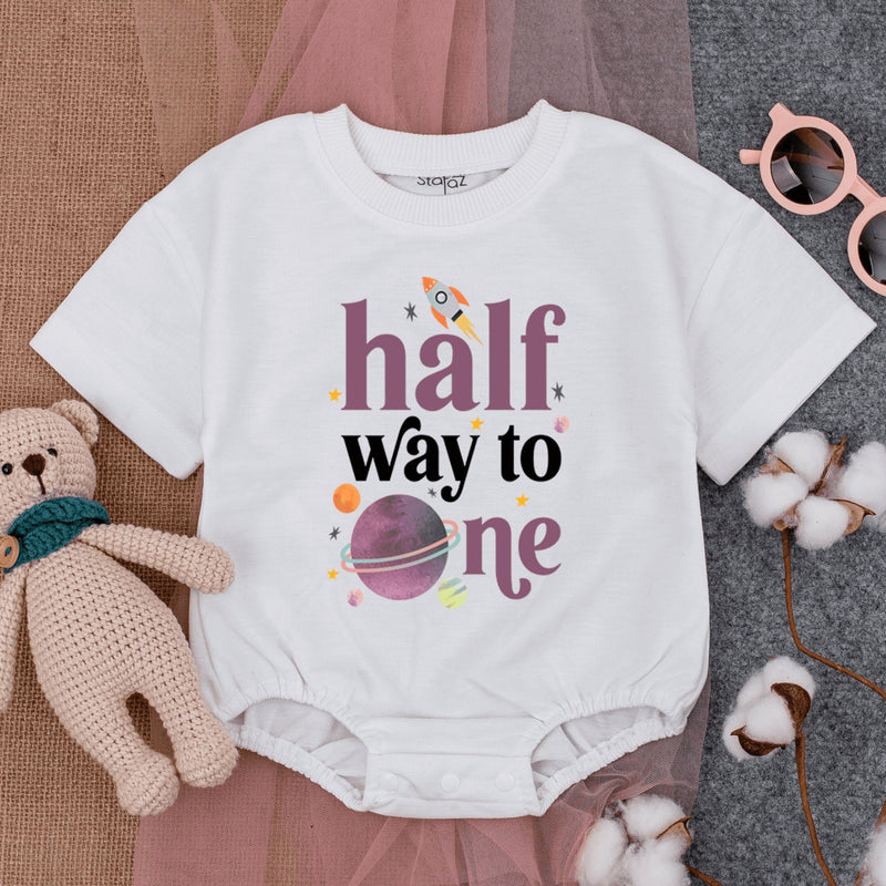 Half Way to One Baby Romper Fun Space Theme Bodysuit for Six Month Birthday Celebration Comfortable Cotton Infant Outfit