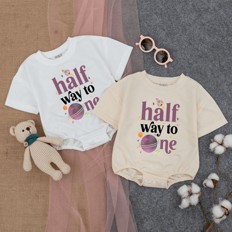 Half Way to One Baby Romper Fun Space Theme Bodysuit for Six Month Birthday Celebration Comfortable Cotton Infant Outfit