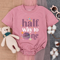 Half Way to One Baby Romper Fun Space Theme Bodysuit for Six Month Birthday Celebration Comfortable Cotton Infant Outfit