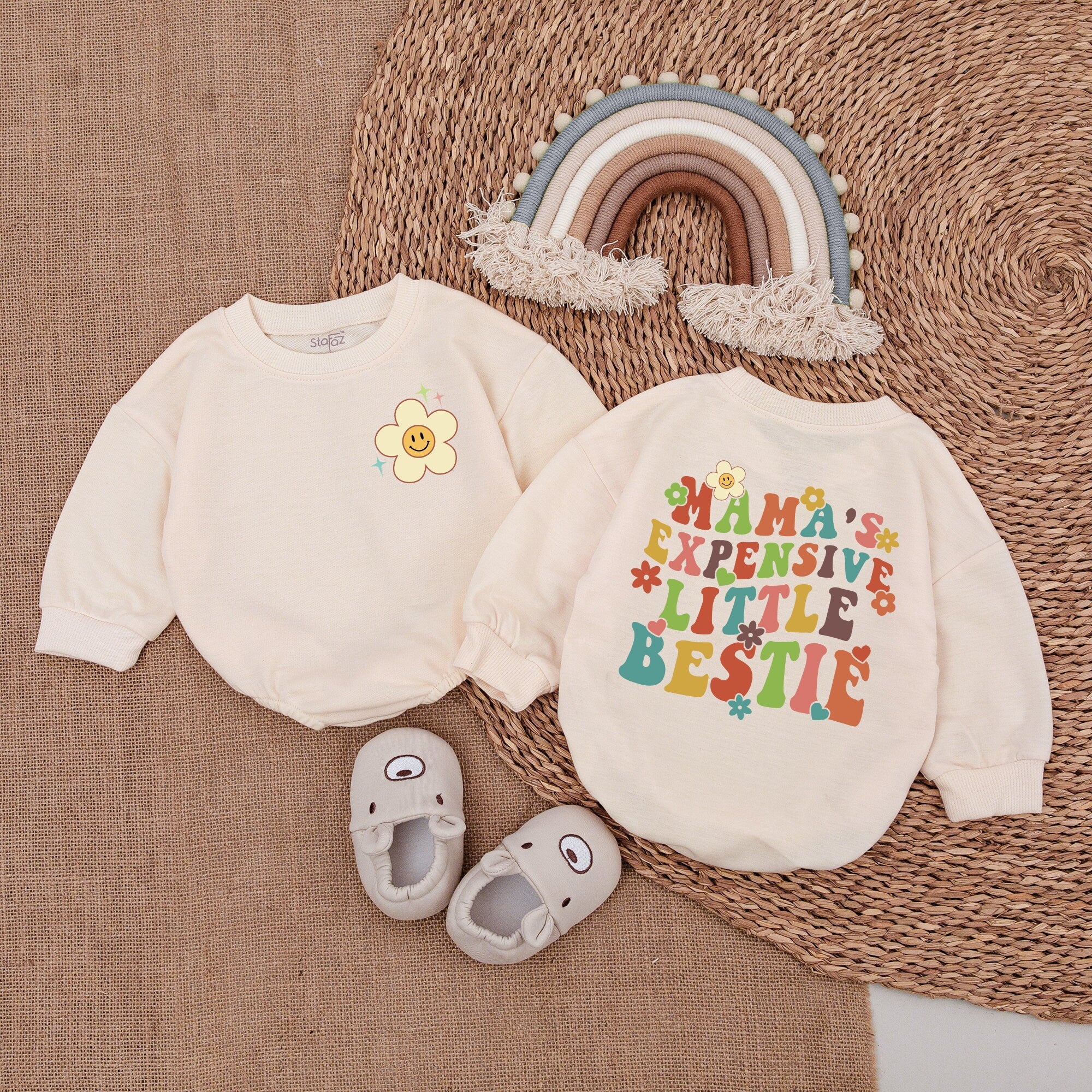 Mama's Expensive Little Bestie Baby Romper Colorful Smiley Face Flower Design Soft Cotton Toddler Birthday Outfit Retro Style